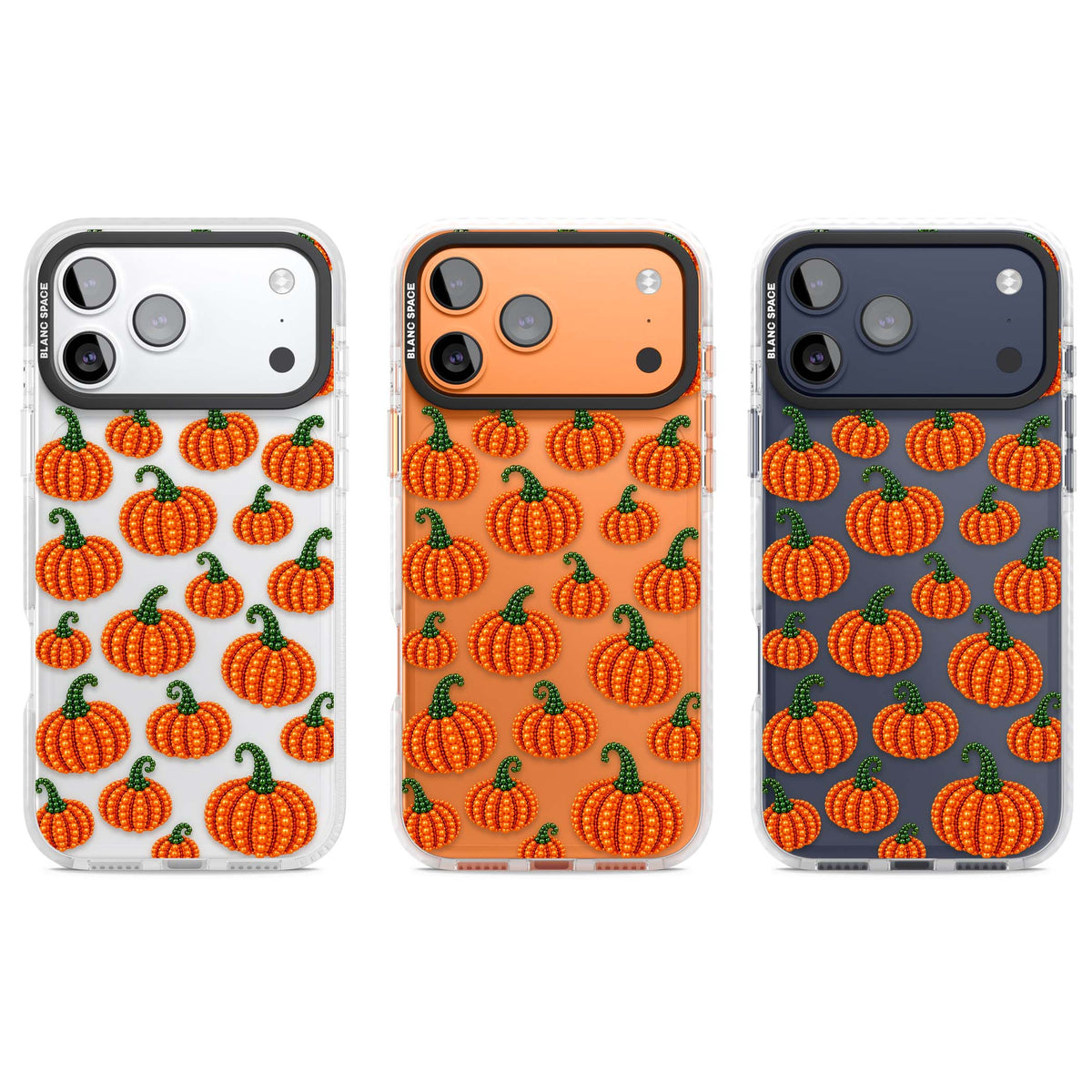 Beaded Pumpkins halloween iPhone case featuring beaded orange pumpkins with green stems on a clear background | Black Impact case for iPhone 17 Pro, iPhone 17 Pro Max