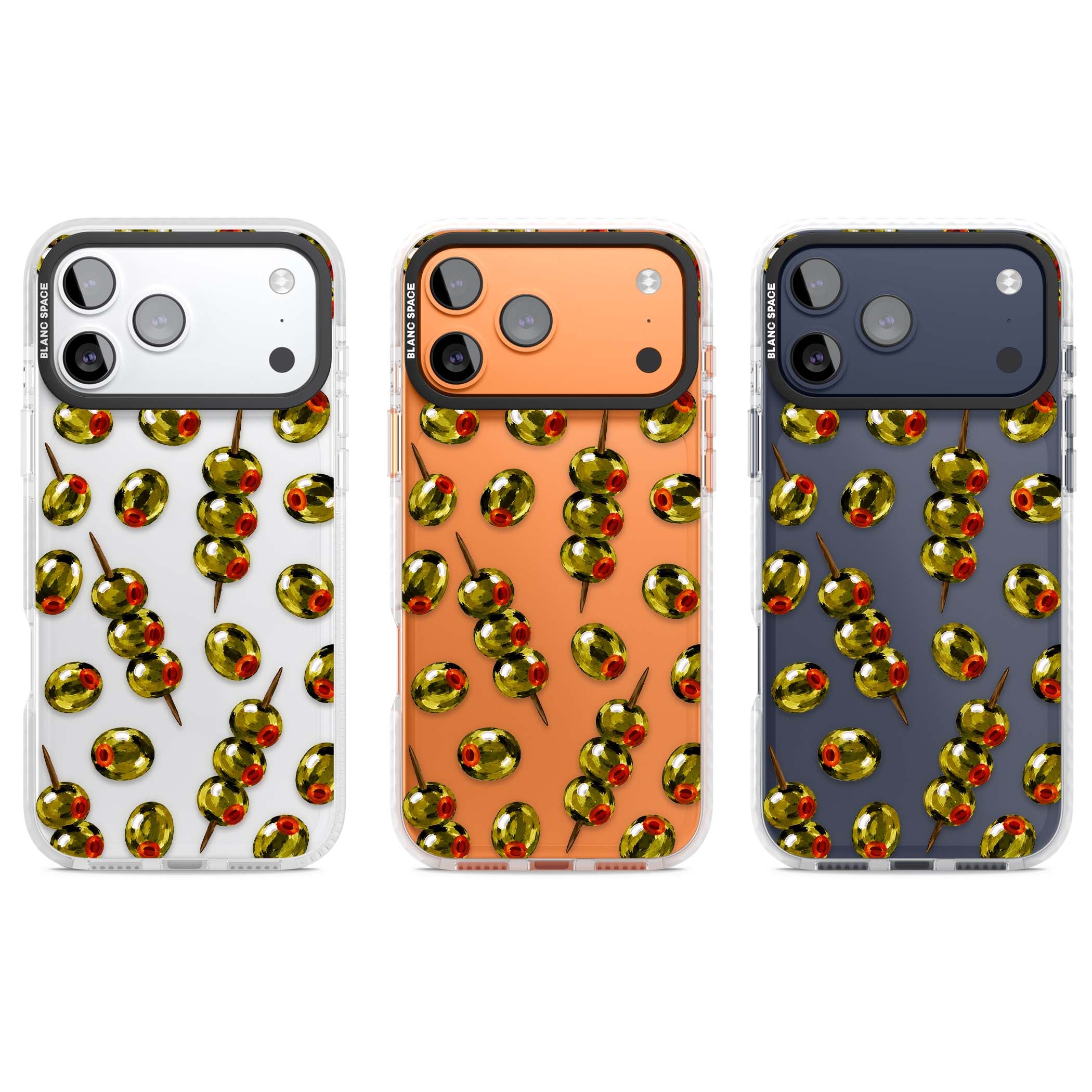 Painted Olives cocktail iPhone case featuring green olives, pimento centres and toothpick skewers on a clear background | Black Impact case for iPhone 17 Pro, iPhone 17 Pro Max