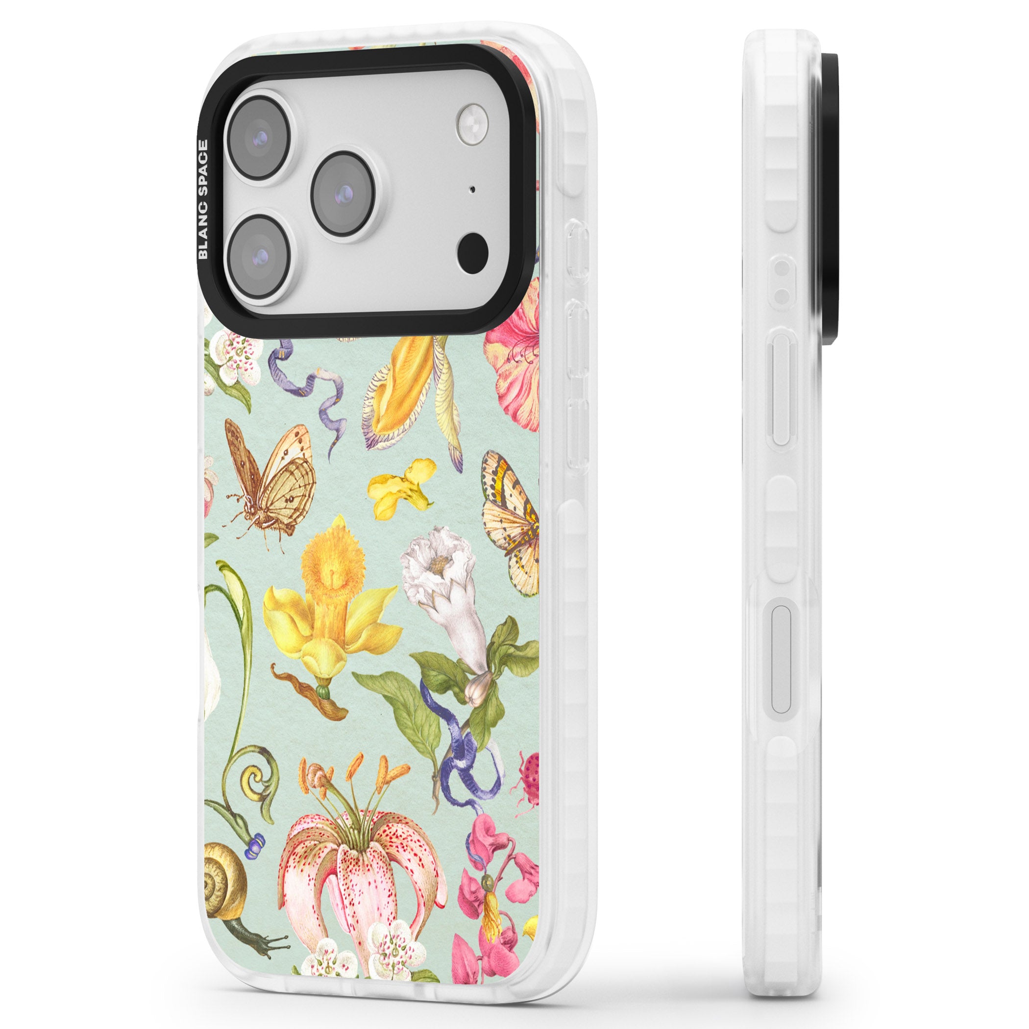 Blue Vintage Painted Flowers iPhone 17 Pro Impact Clear Phone Case Side Profile