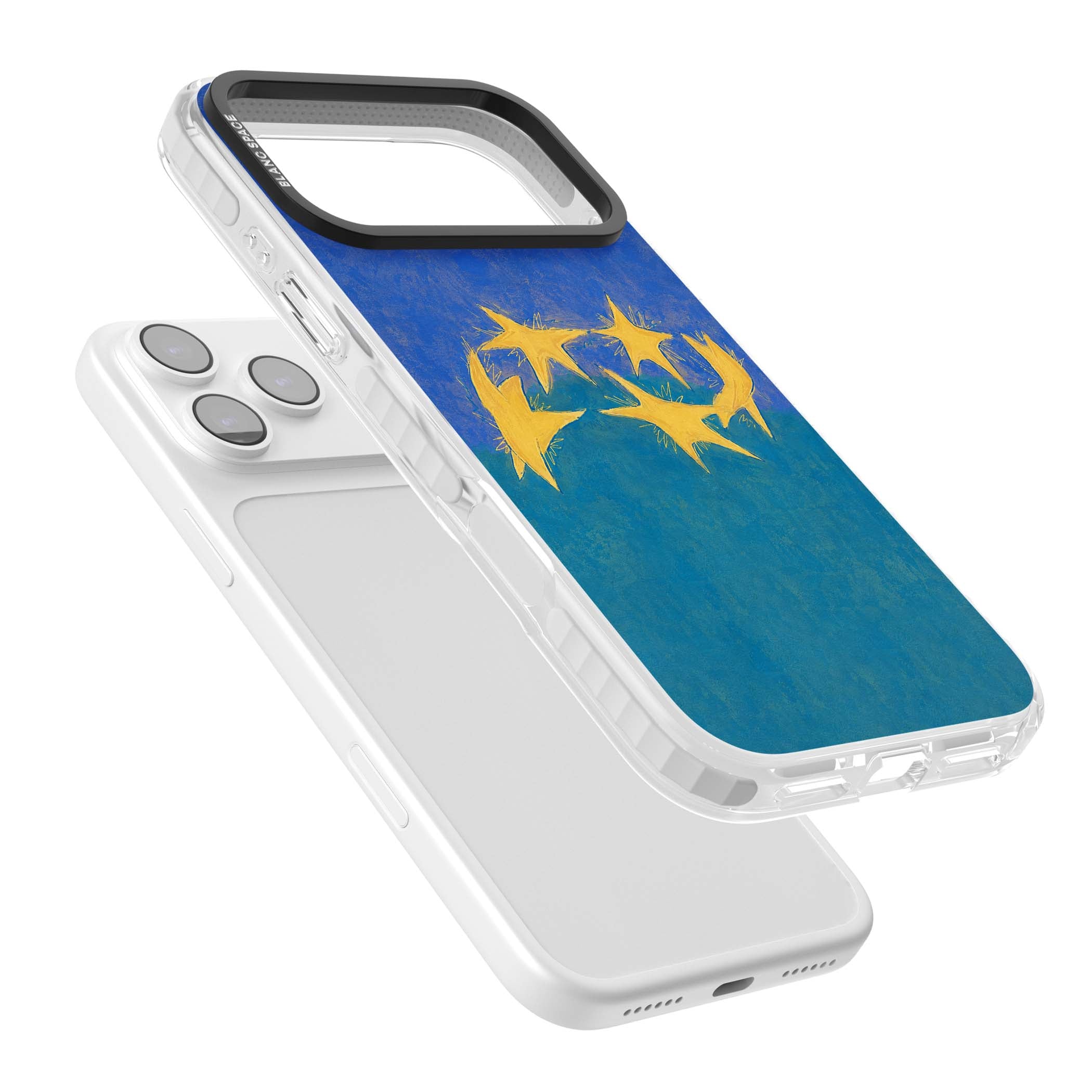 Star Boogie stars aesthetic iPhone case featuring five yellow hand-painted stars on cobalt blue and teal | Black Impact case for iPhone 17 Pro, iPhone 17 Pro Max