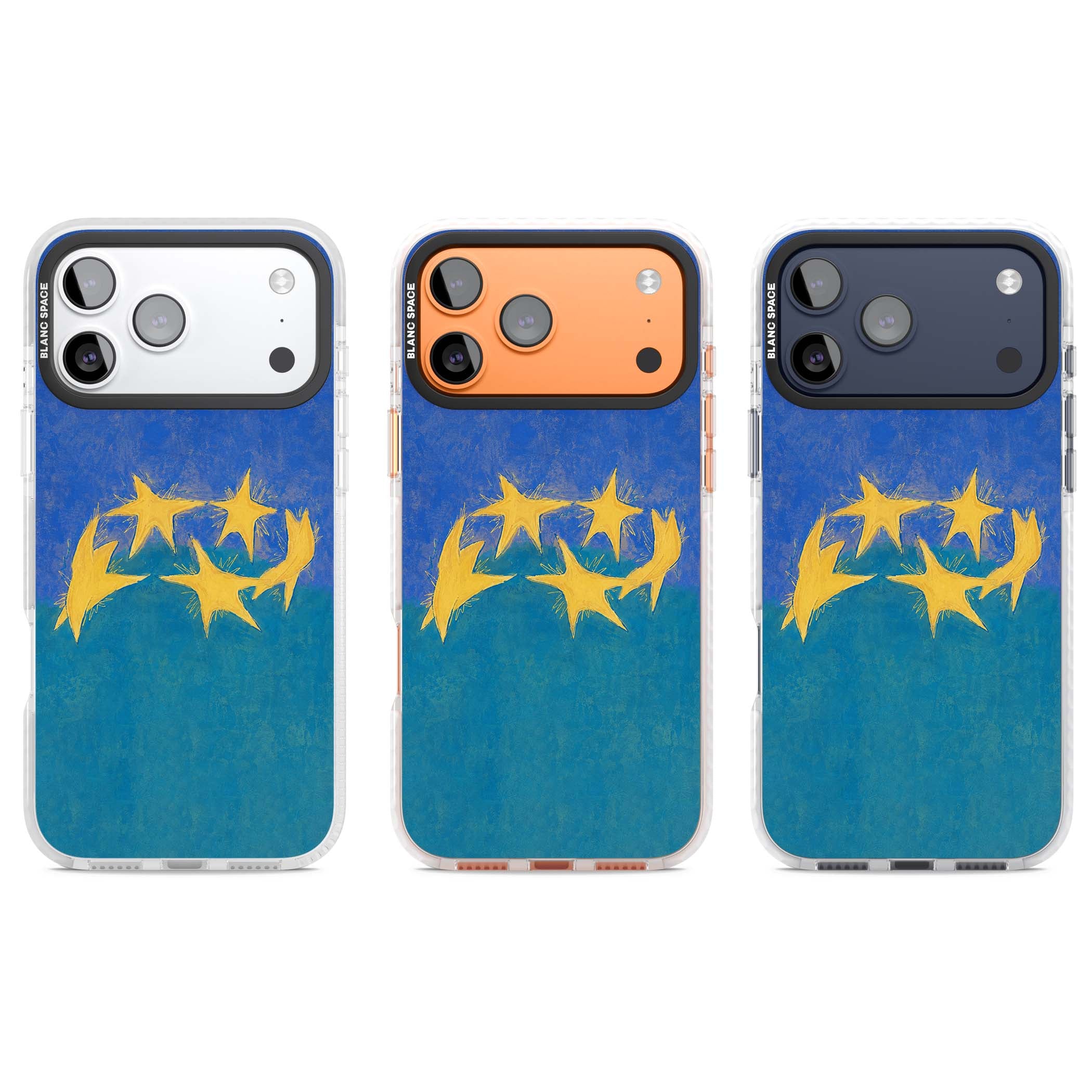 Star Boogie stars aesthetic iPhone case featuring five yellow hand-painted stars on cobalt blue and teal | Black Impact case for iPhone 17 Pro, iPhone 17 Pro Max
