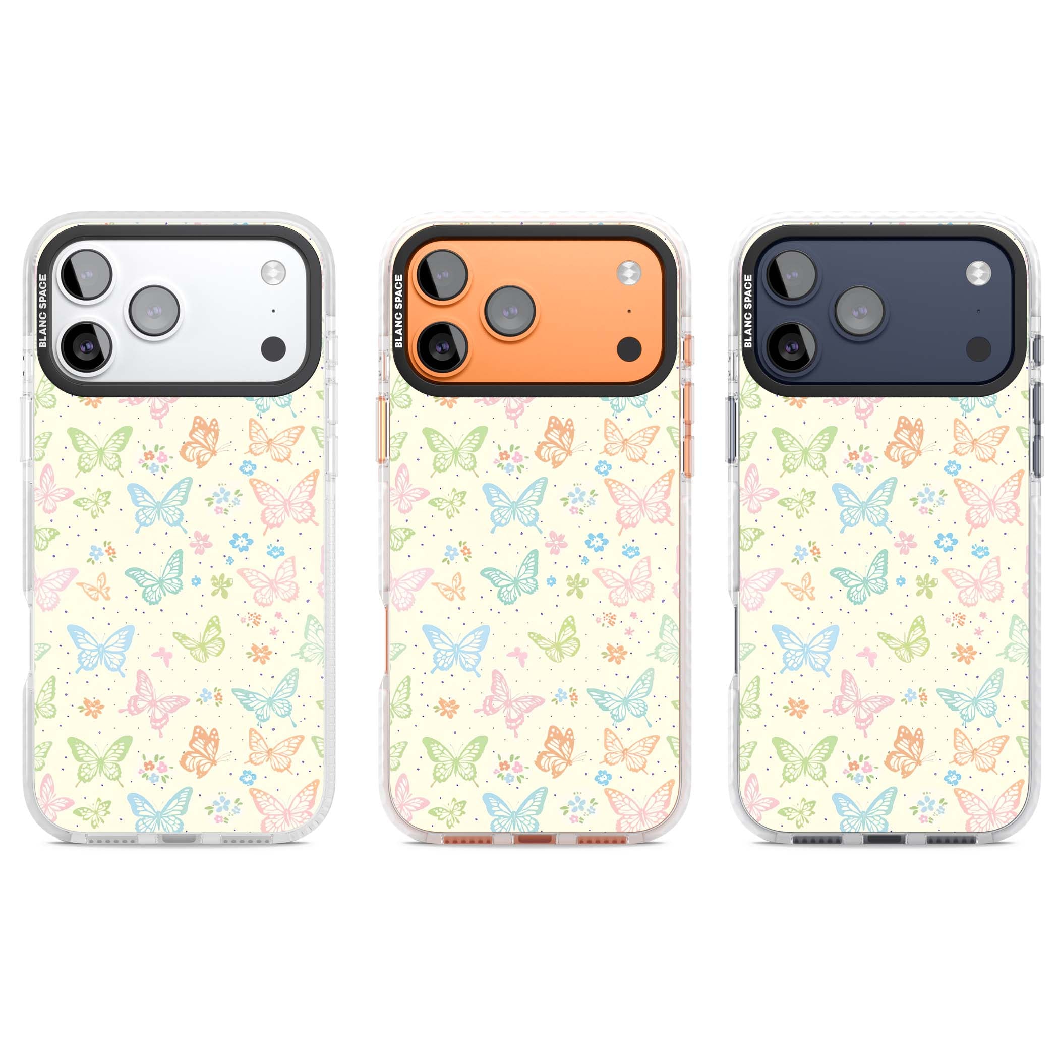 Sugar Wings cottagecore iPhone case featuring rainbow pastel butterflies, tiny wildflowers, and a cream background | Black Impact case for iPhone 17 Pro, iPhone 17 Pro Max