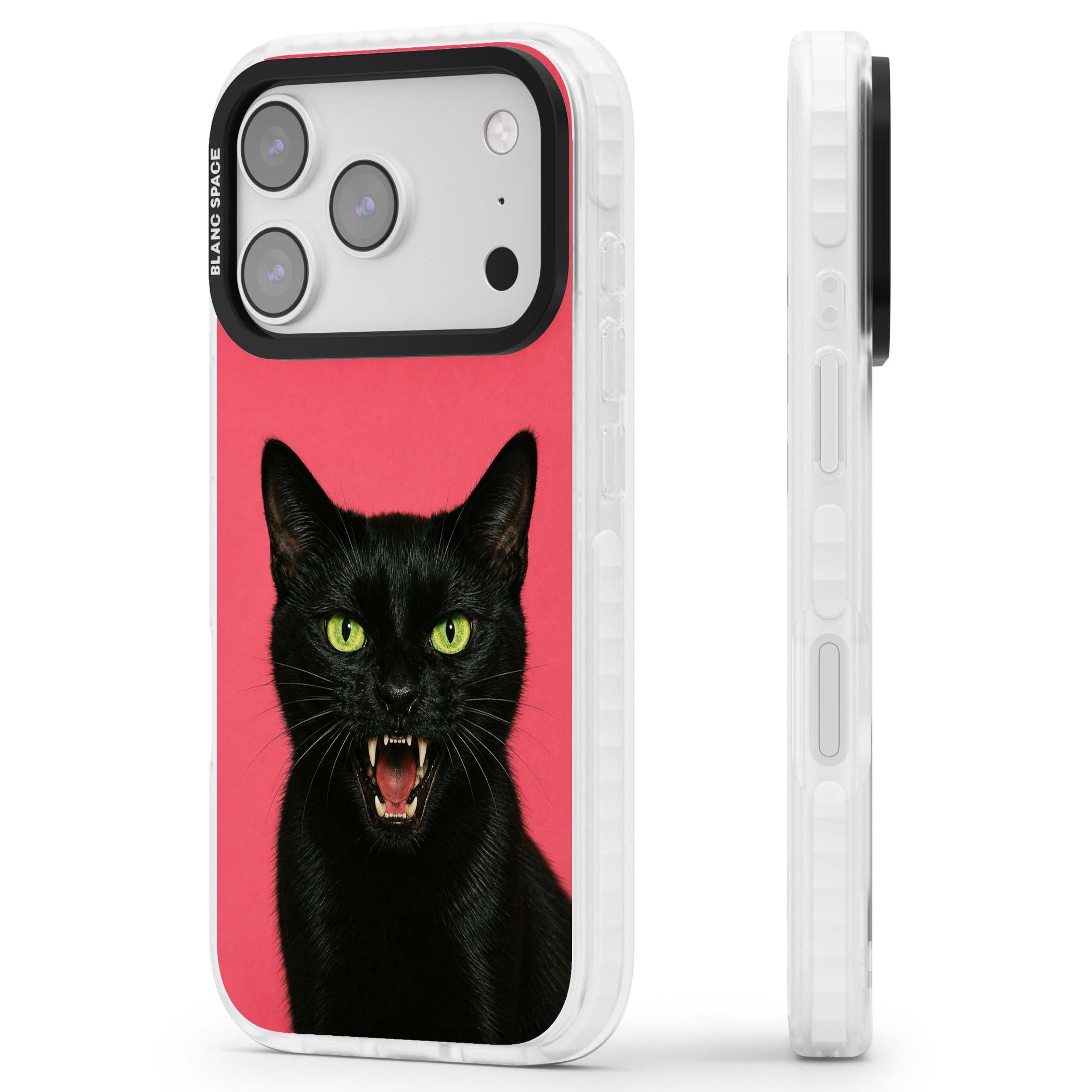 Hissin' Baddie black cat iPhone case featuring a hissing feline with green eyes on a hot pink background | Black Impact case for iPhone 17 Pro, iPhone 17 Pro Max