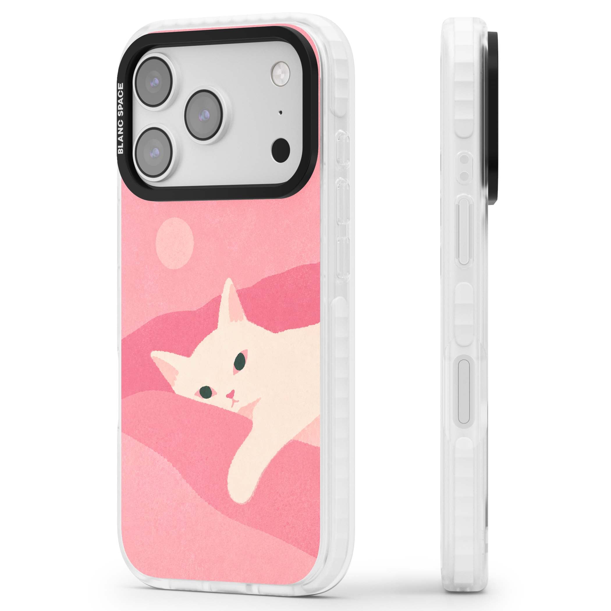 Pink Dreams cute cat iPhone case featuring a white kitten, soft pink hills and a pale pastel sun | Black Impact case for iPhone 17 Pro, iPhone 17 Pro Max