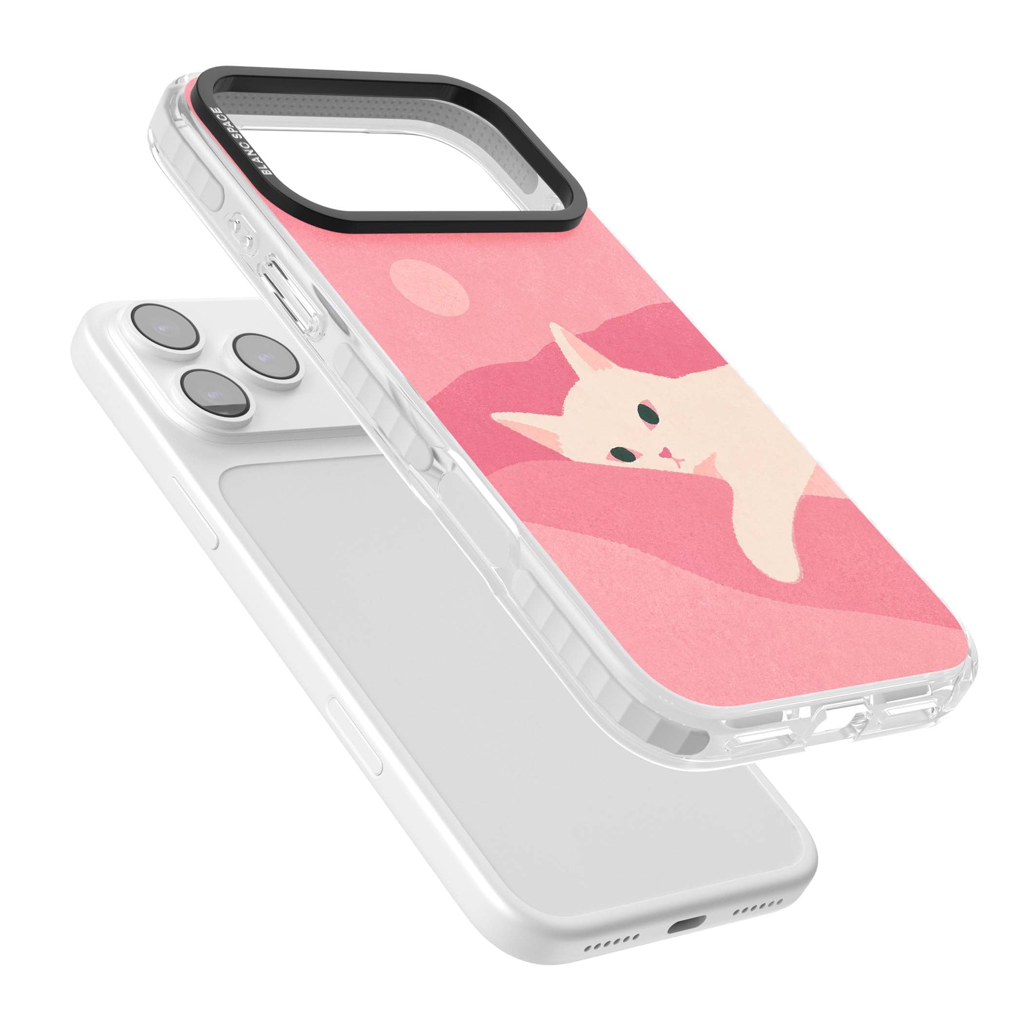 Pink Dreams cute cat iPhone case featuring a white kitten, soft pink hills and a pale pastel sun | Black Impact case for iPhone 17 Pro, iPhone 17 Pro Max