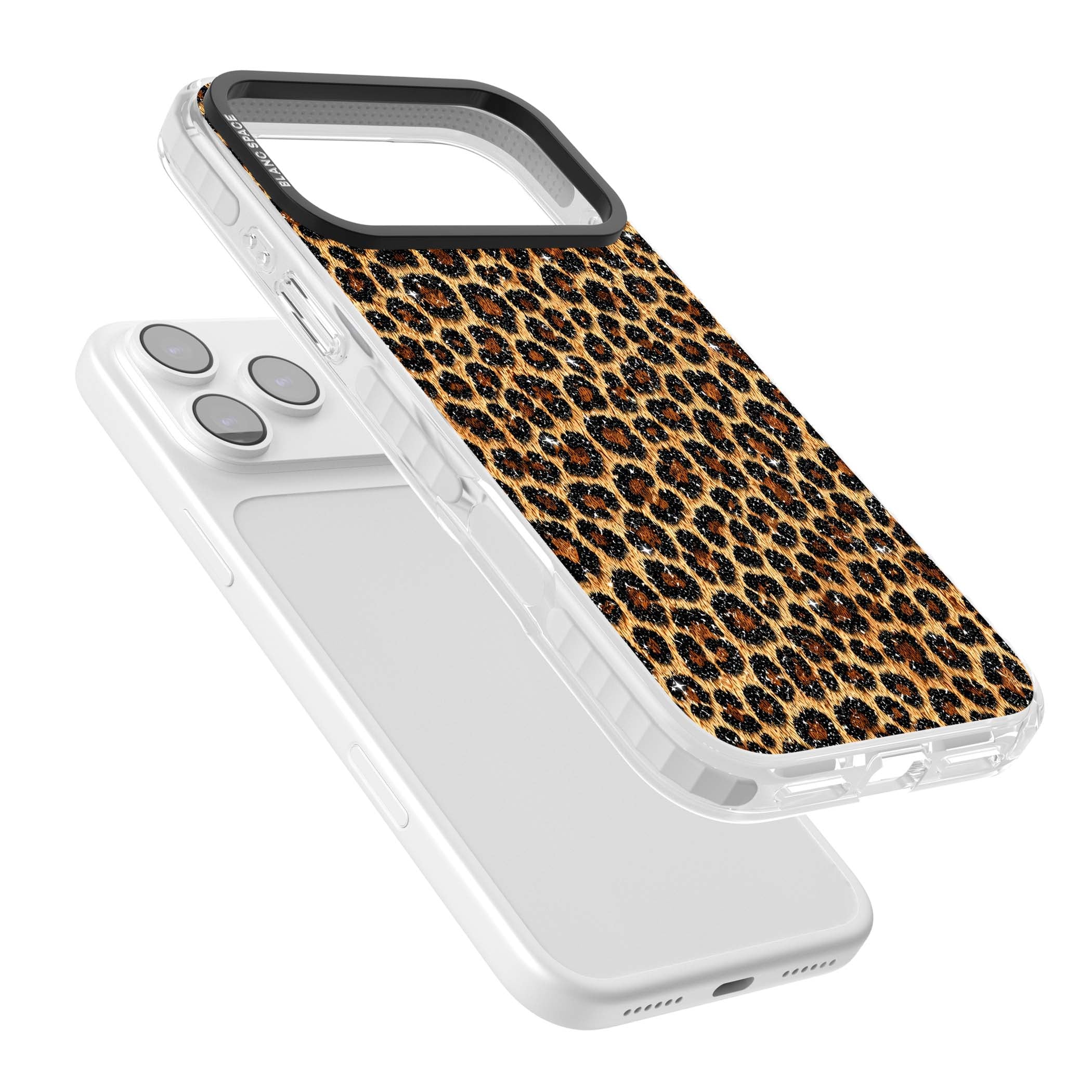 Diamond Leopard leopard print iPhone case featuring golden tan fur, black rosette spots and subtle glitter sparkle | Black Impact case for iPhone 17 Pro, iPhone 17 Pro Max