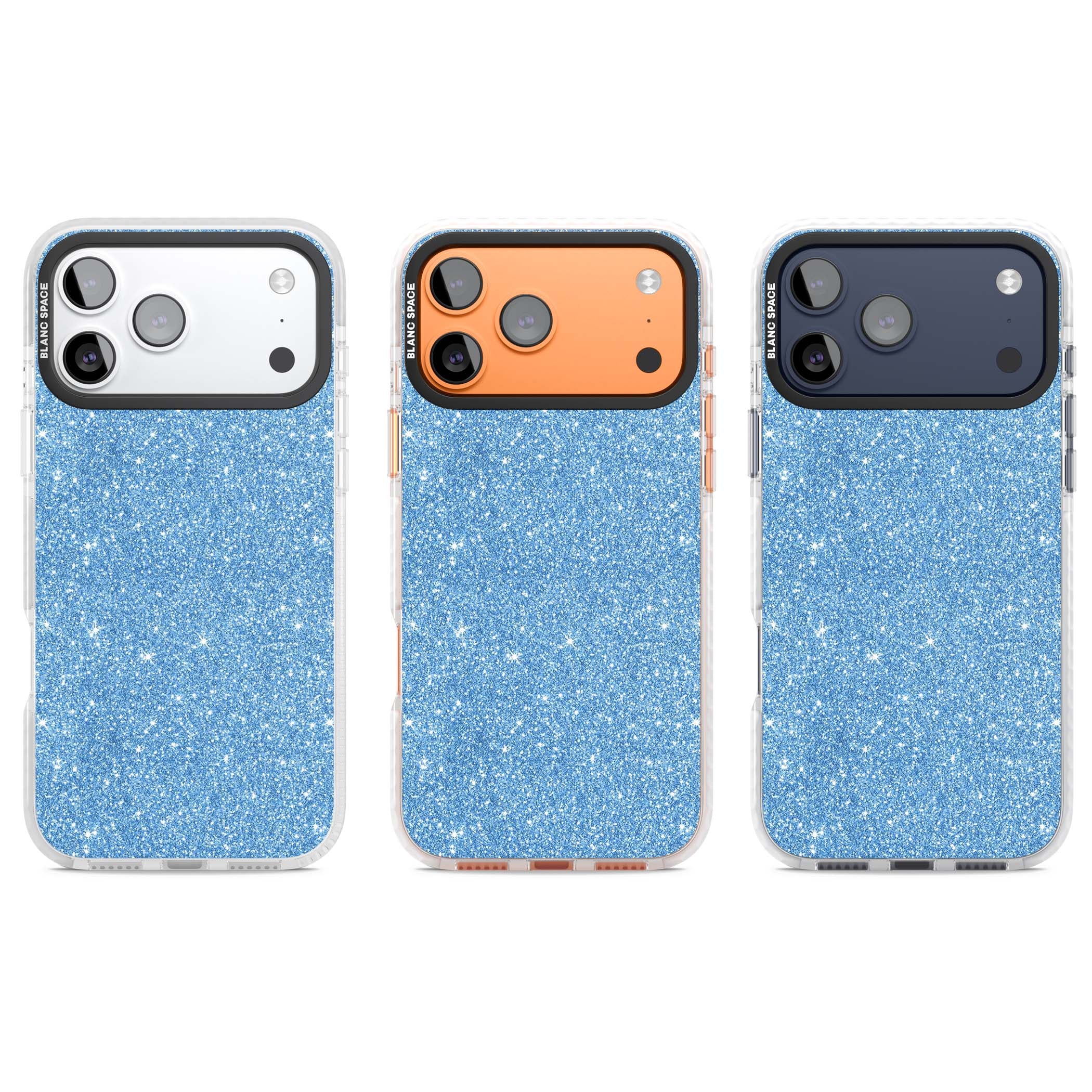 Blue Glitter blue glitter iPhone case featuring dense sparkling cerulean glitter with a glamorous shimmering finish | Black Impact case for iPhone 17 Pro, iPhone 17 Pro Max