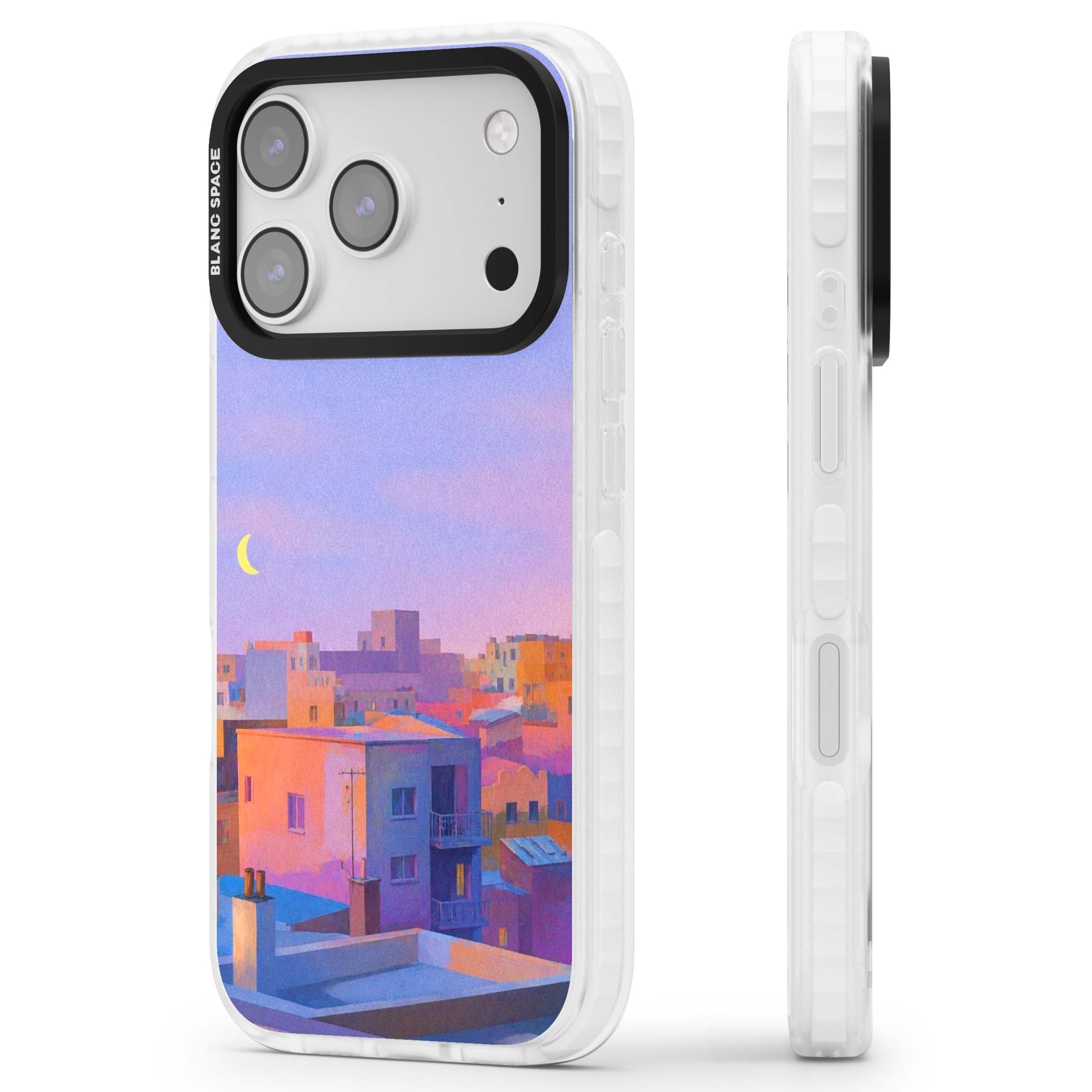 Twilight Rooftops vaporwave iPhone case featuring a pastel sunset cityscape, painted rooftops and a crescent moon. | Black Impact case for iPhone 17 Pro, iPhone 17 Pro Max