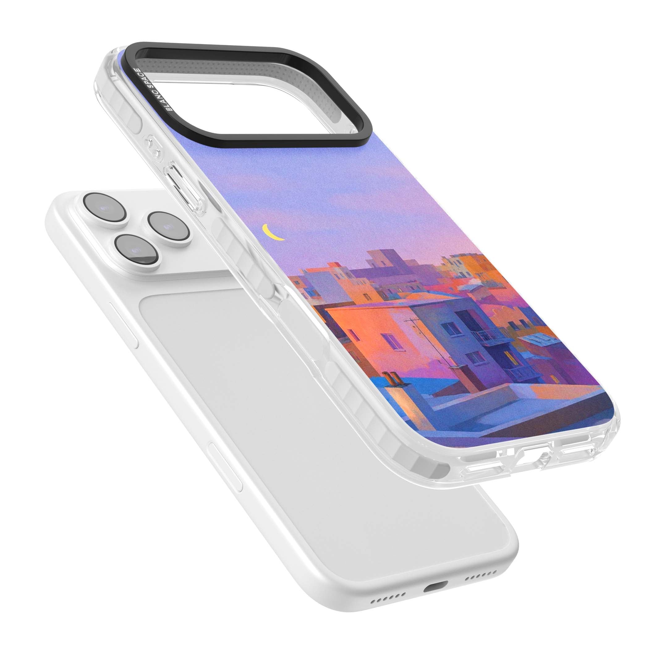 Twilight Rooftops vaporwave iPhone case featuring a pastel sunset cityscape, painted rooftops and a crescent moon. | Black Impact case for iPhone 17 Pro, iPhone 17 Pro Max