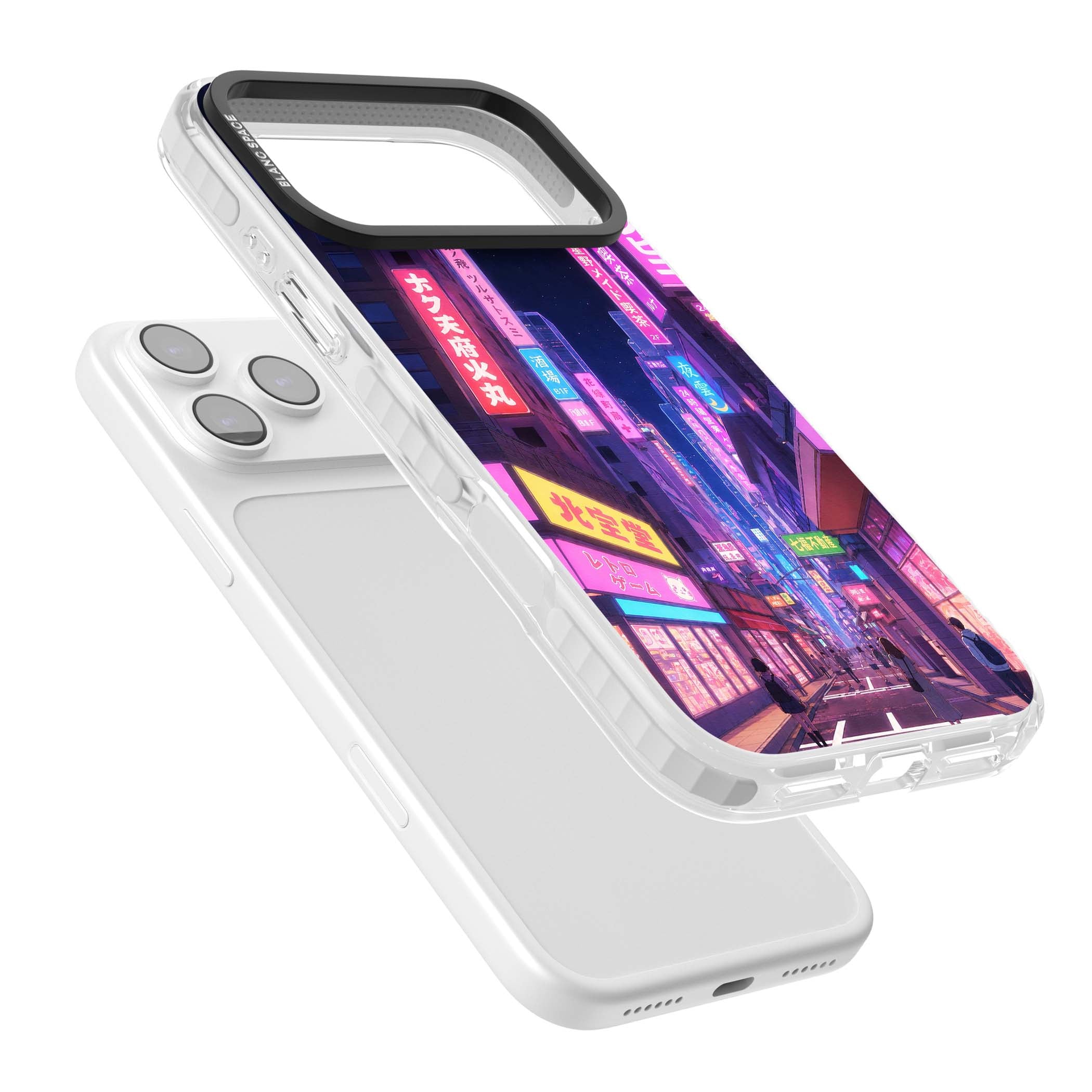 Shibuya At Night Japanese neon city iPhone case featuring glowing kanji signs, pink storefronts and a Tokyo street at n | Black Impact case for iPhone 17 Pro, iPhone 17 Pro Max