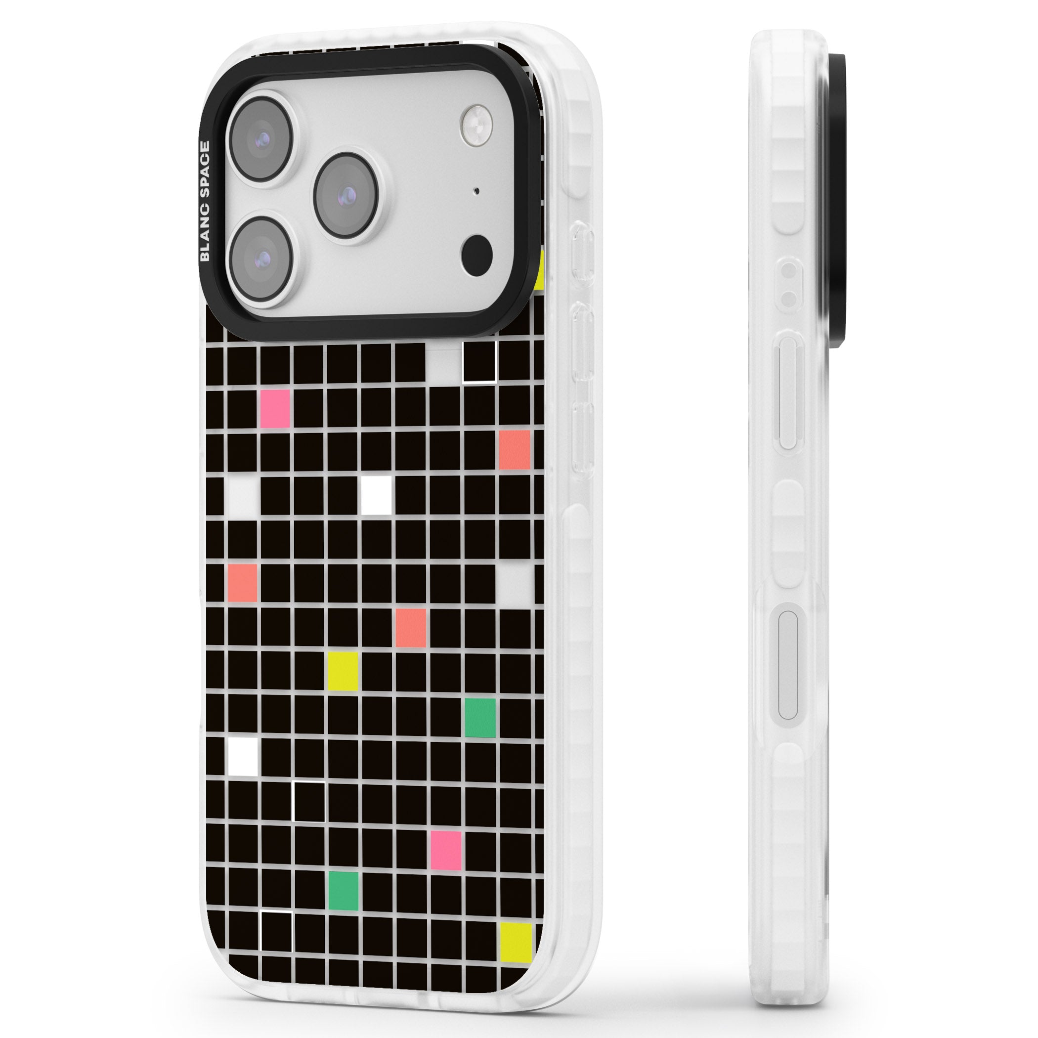 Vibrant Black Geometric Grid iPhone 17 Pro Max Impact Clear Phone Case Side Profile