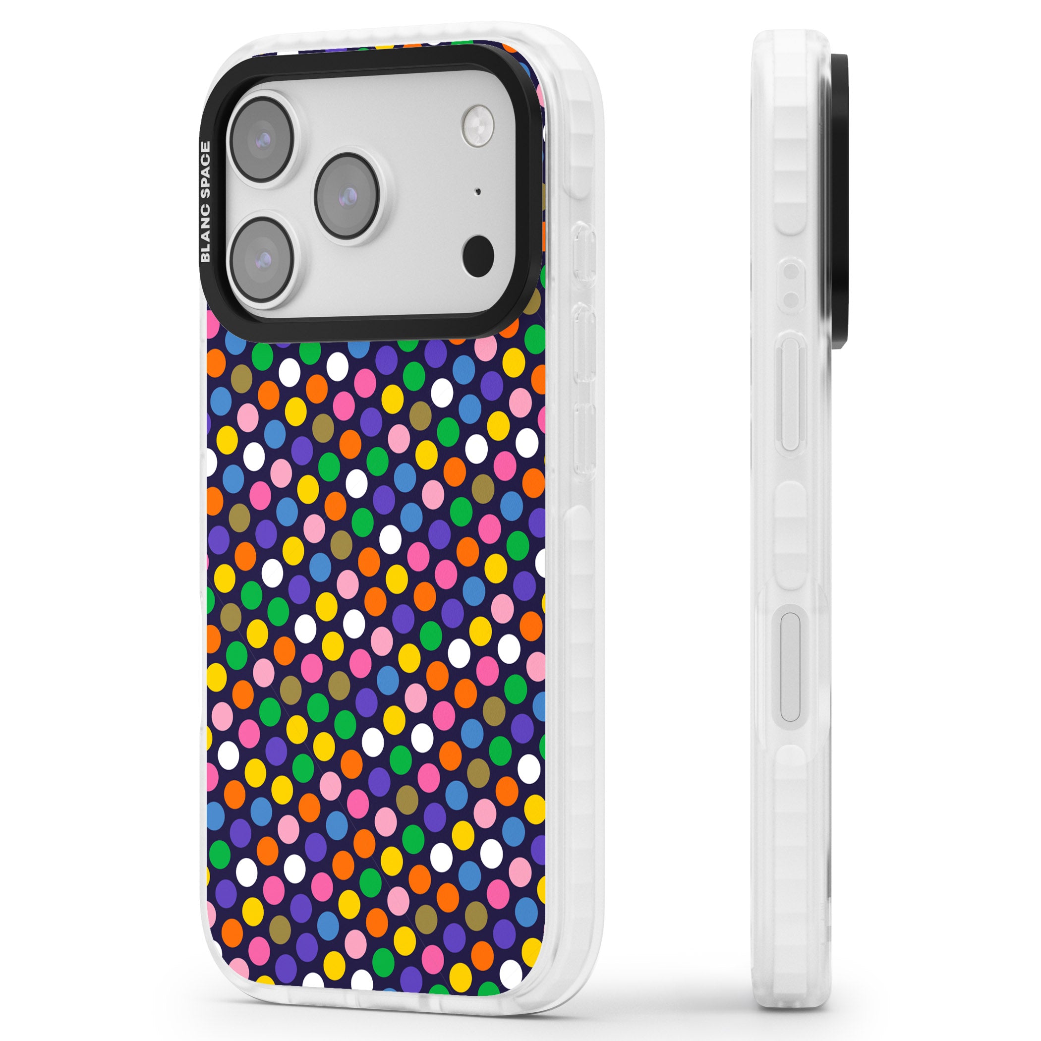 Multicolour Polka Dot Fiesta (Purple) iPhone 17 Pro Max Impact Clear Phone Case Side Profile