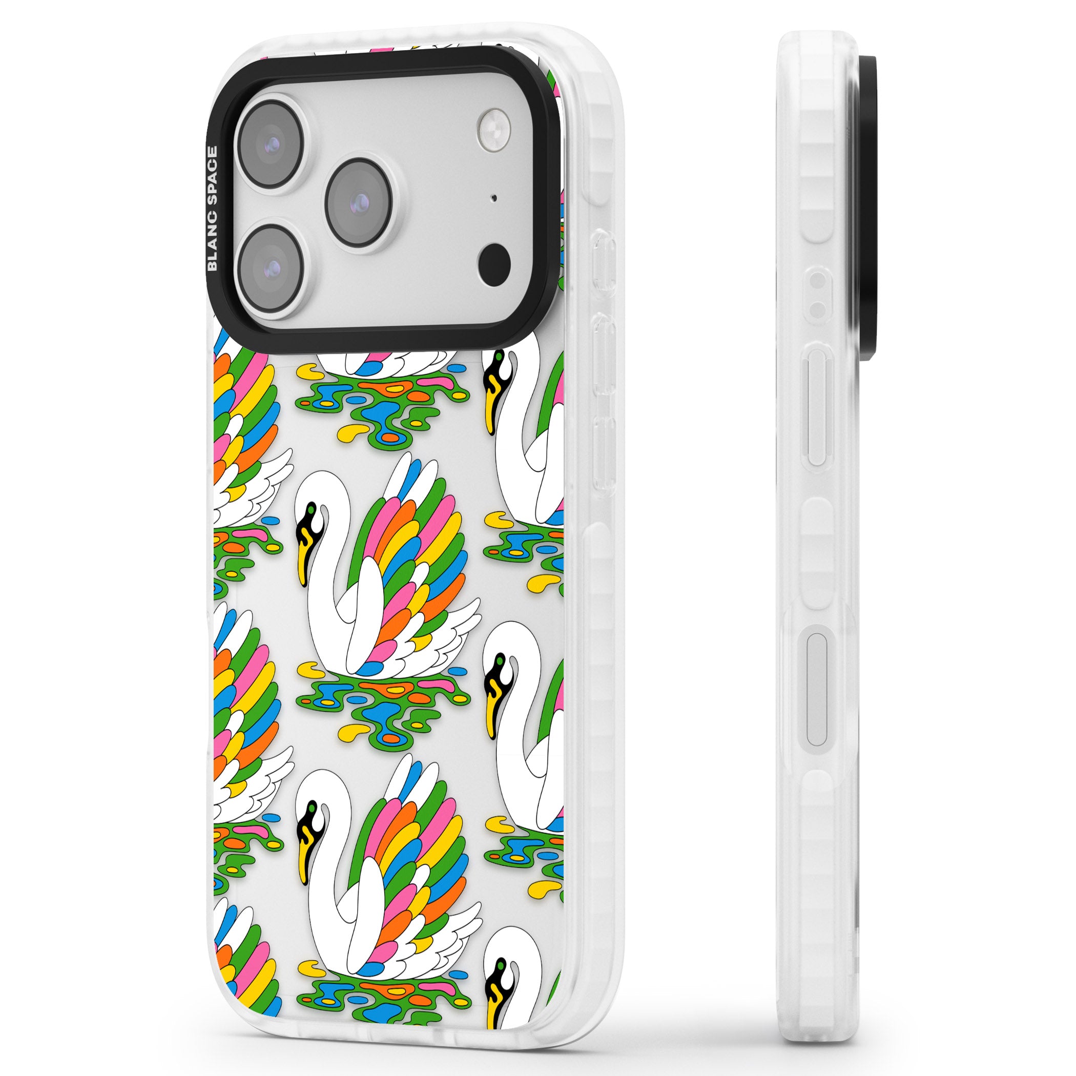 Colourful Swan Pattern iPhone 17 Pro Max Impact Clear Phone Case Side Profile