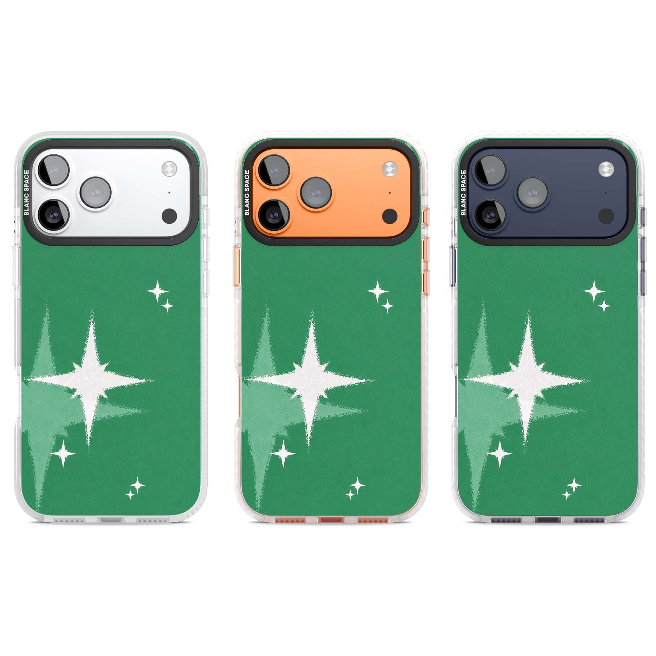 Green Sparkle celestial iPhone case featuring sparkling white four-point stars on a deep green background | Black Impact case for iPhone 17 Pro, iPhone 17 Pro Max