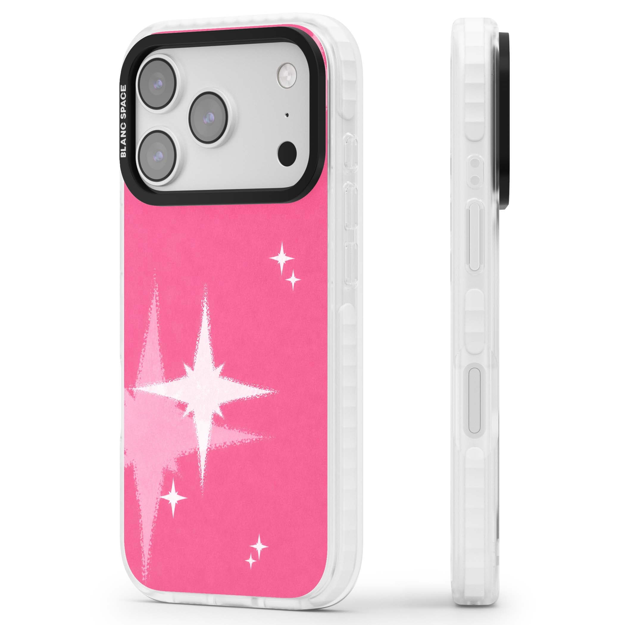 Pink Sparkle Y2K iPhone case featuring hot pink background with shimmering white starburst pattern | Black Impact case for iPhone 17 Pro, iPhone 17 Pro Max