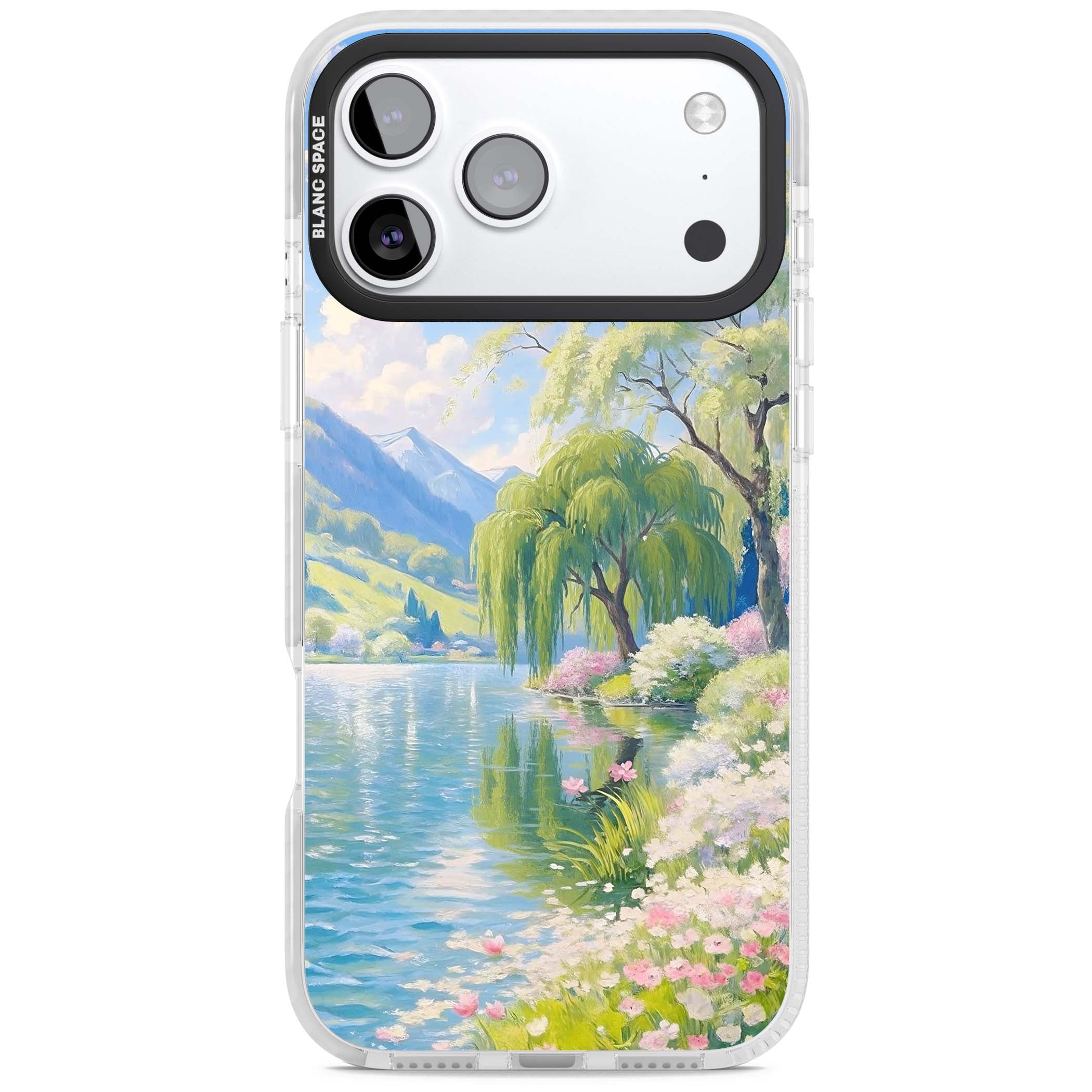 Willow Lake cottagecore iPhone case featuring a painted lakeside with weeping willow, blossoms and distant mountains | Black Impact case for iPhone 17 Pro, iPhone 17 Pro Max