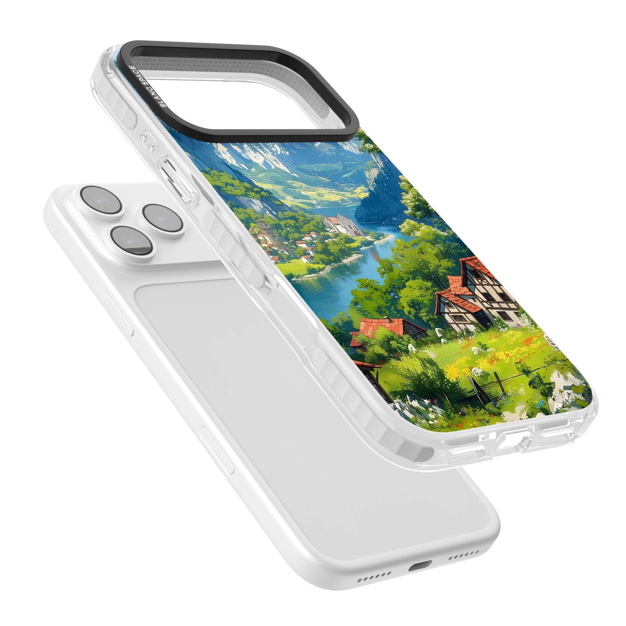Village In The Valley anime iPhone case featuring a painted mountain village, river valley and half-timbered cottages. | Black Impact case for iPhone 17 Pro, iPhone 17 Pro Max