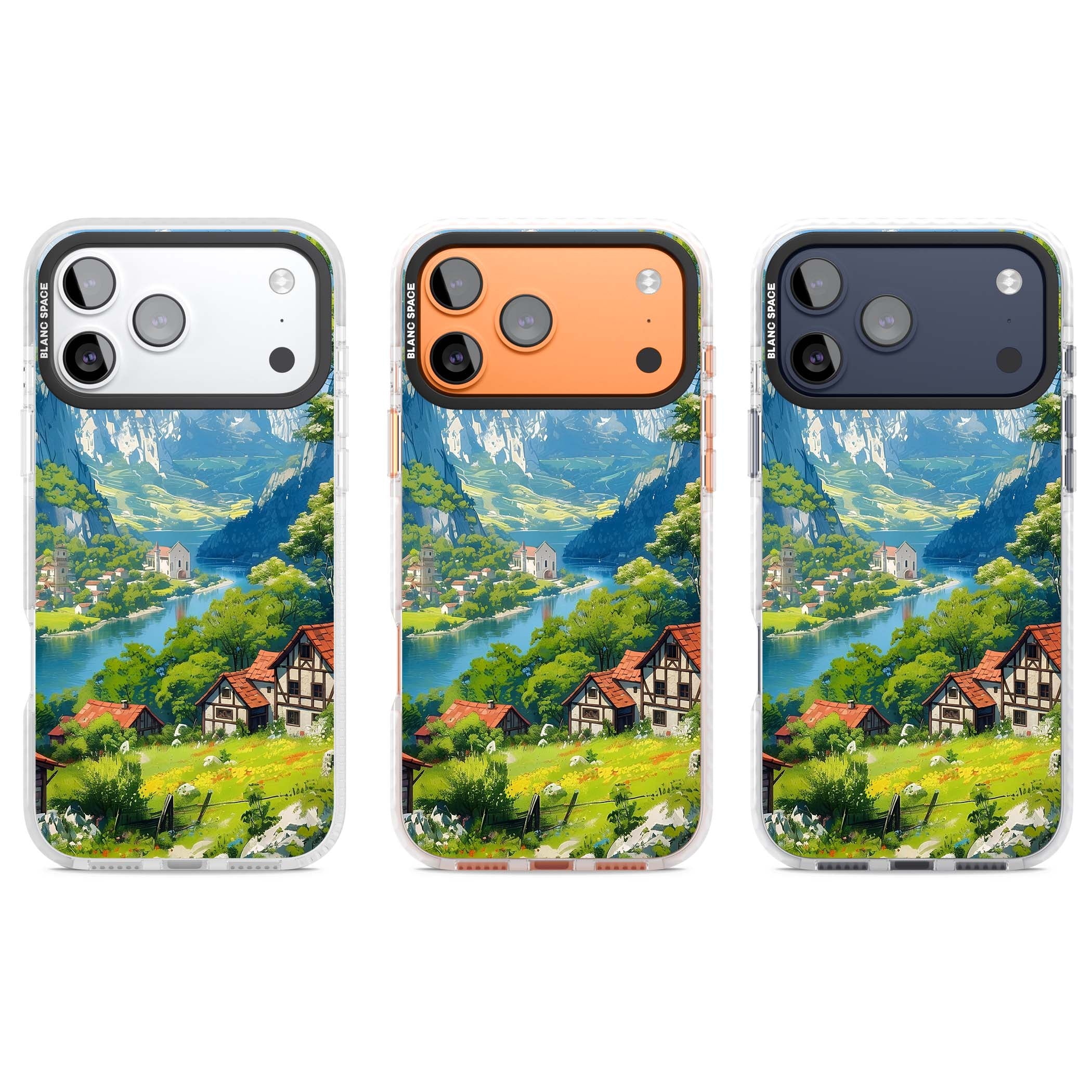 Village In The Valley anime iPhone case featuring a painted mountain village, river valley and half-timbered cottages. | Black Impact case for iPhone 17 Pro, iPhone 17 Pro Max