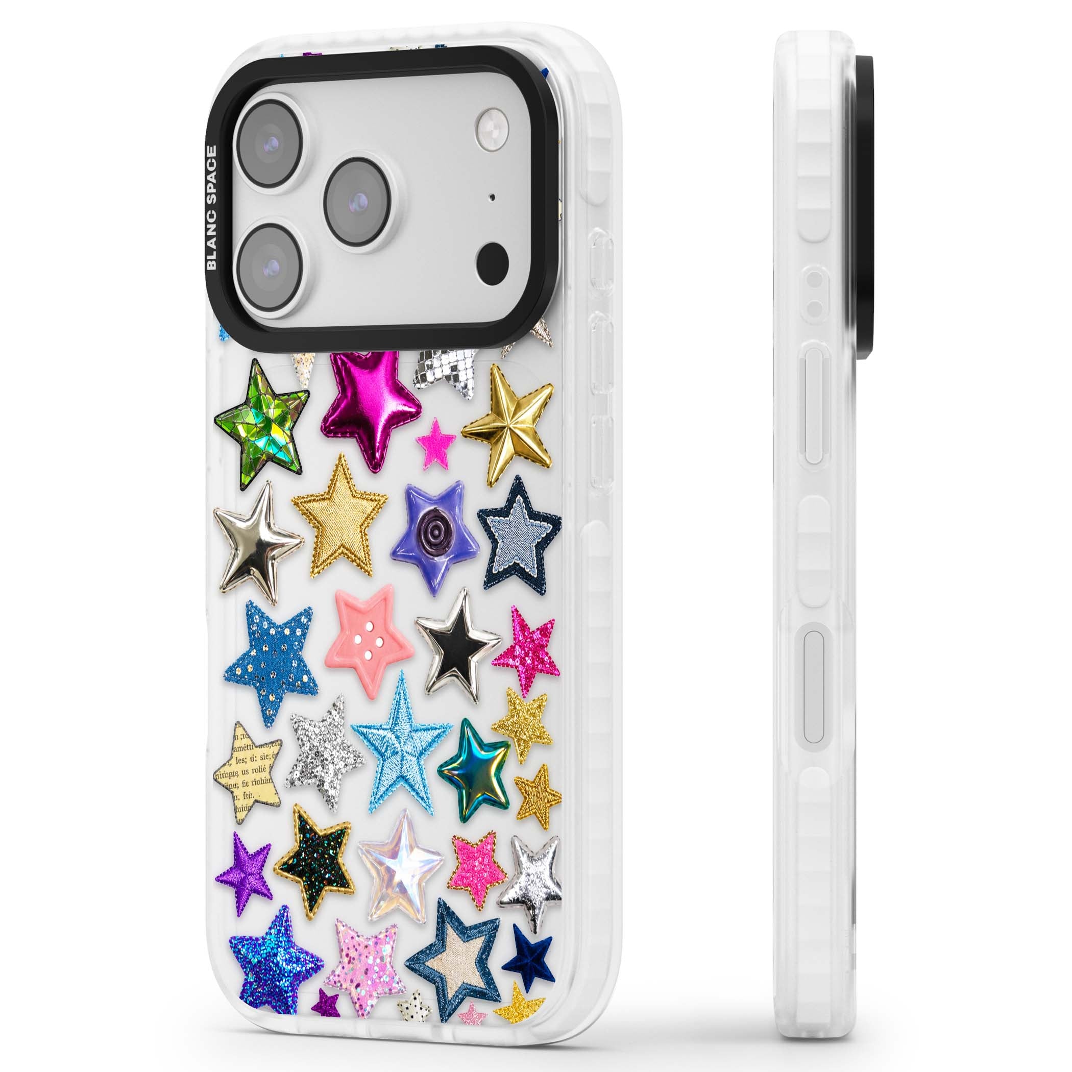 Crafty Star Mix Y2K iPhone case featuring embroidered, sequinned and glitter star patches in rainbow colours | Black Impact case for iPhone 17 Pro, iPhone 17 Pro Max