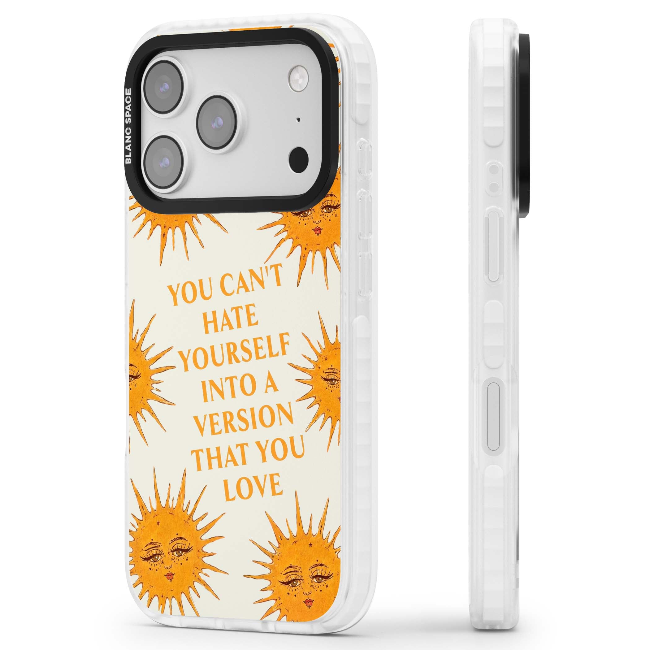 Don't Hate Yourself celestial iPhone case featuring vintage sun faces, ochre rays and a self-love quote | Black Impact case for iPhone 17 Pro, iPhone 17 Pro Max
