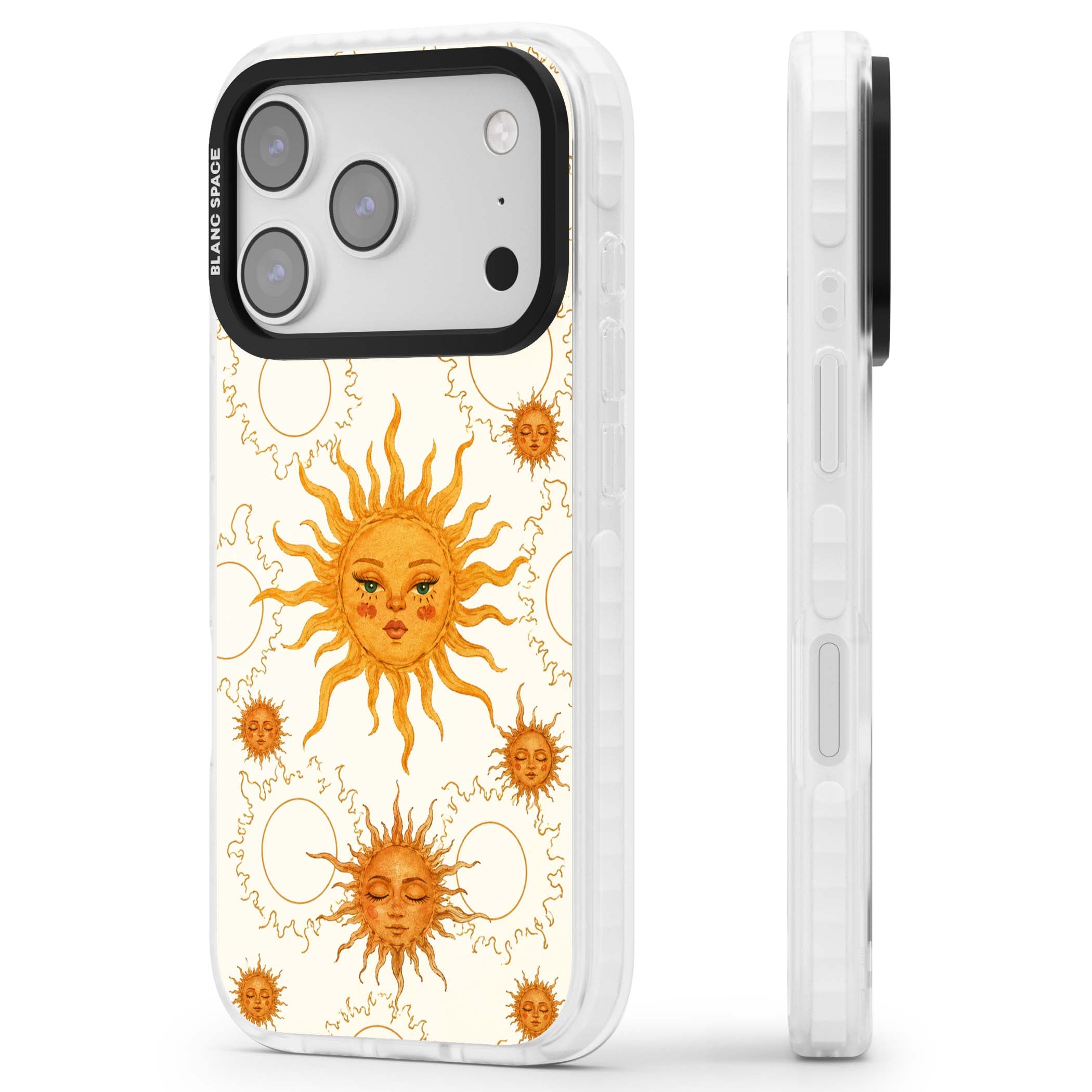 Solstice Muse celestial iPhone case featuring hand-painted golden sun faces, closed-eye sun goddesses and outlined moons... | Black Impact case for iPhone 17 Pro, iPhone 17 Pro Max