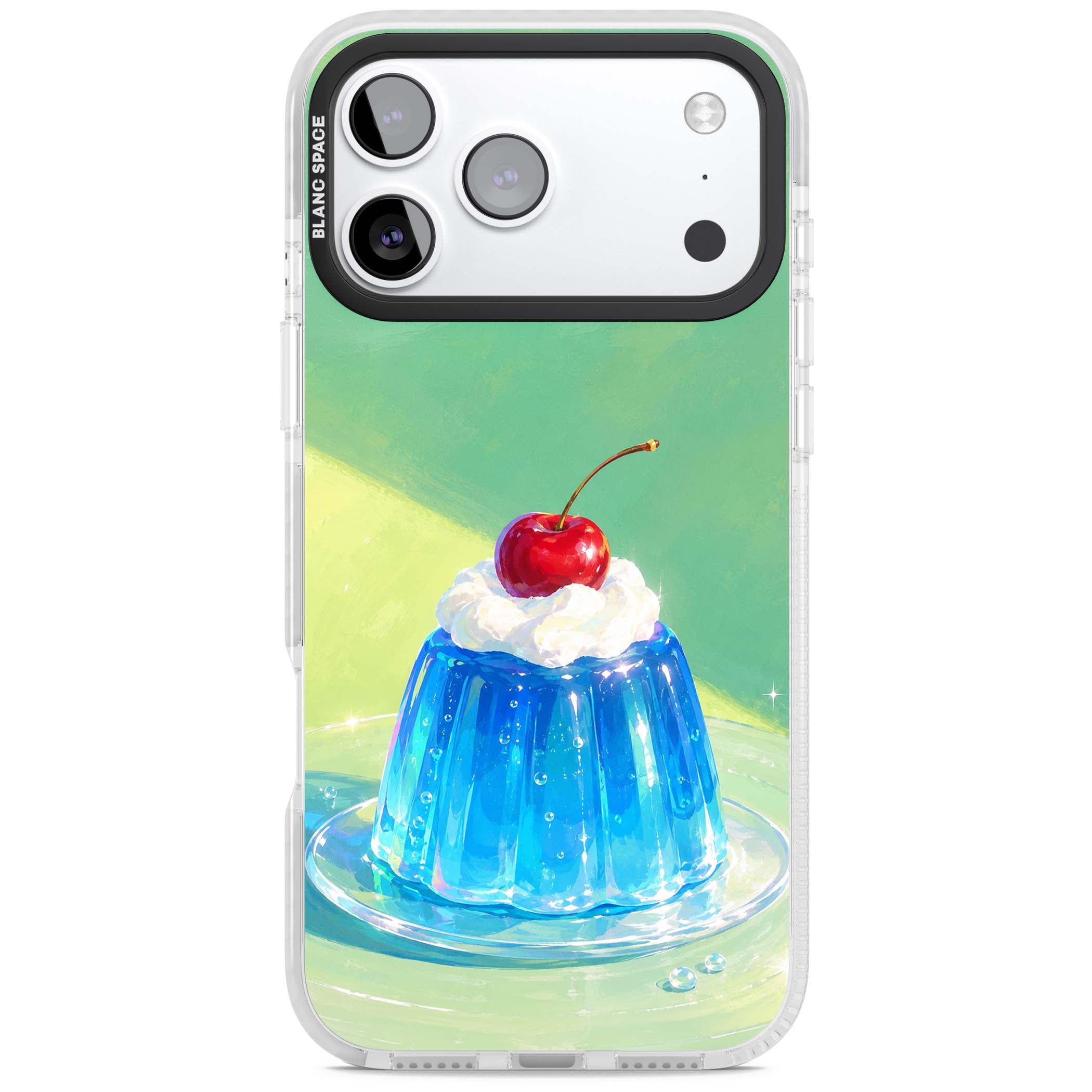 Cherry Jelly kawaii dessert iPhone case featuring blue jelly pudding, whipped cream and a red cherry | Black Impact case for iPhone 17 Pro, iPhone 17 Pro Max