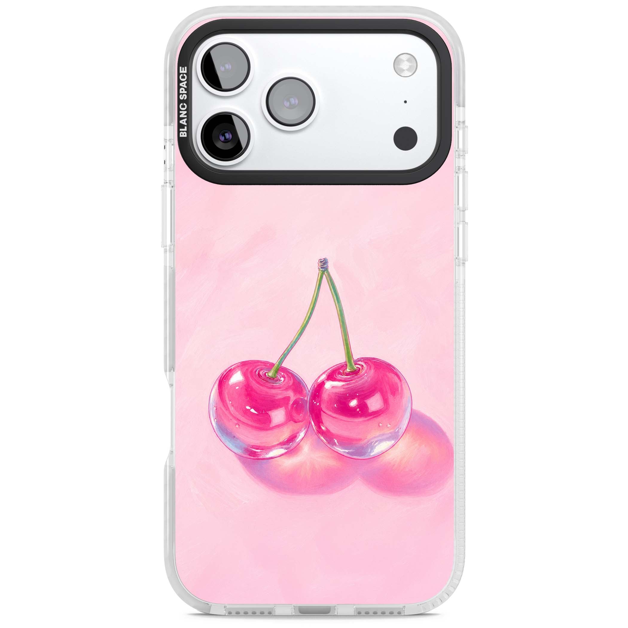 Pink Glass Cherry coquette iPhone case featuring two glossy painted cherries on a soft pink background | Black Impact case for iPhone 17 Pro, iPhone 17 Pro Max