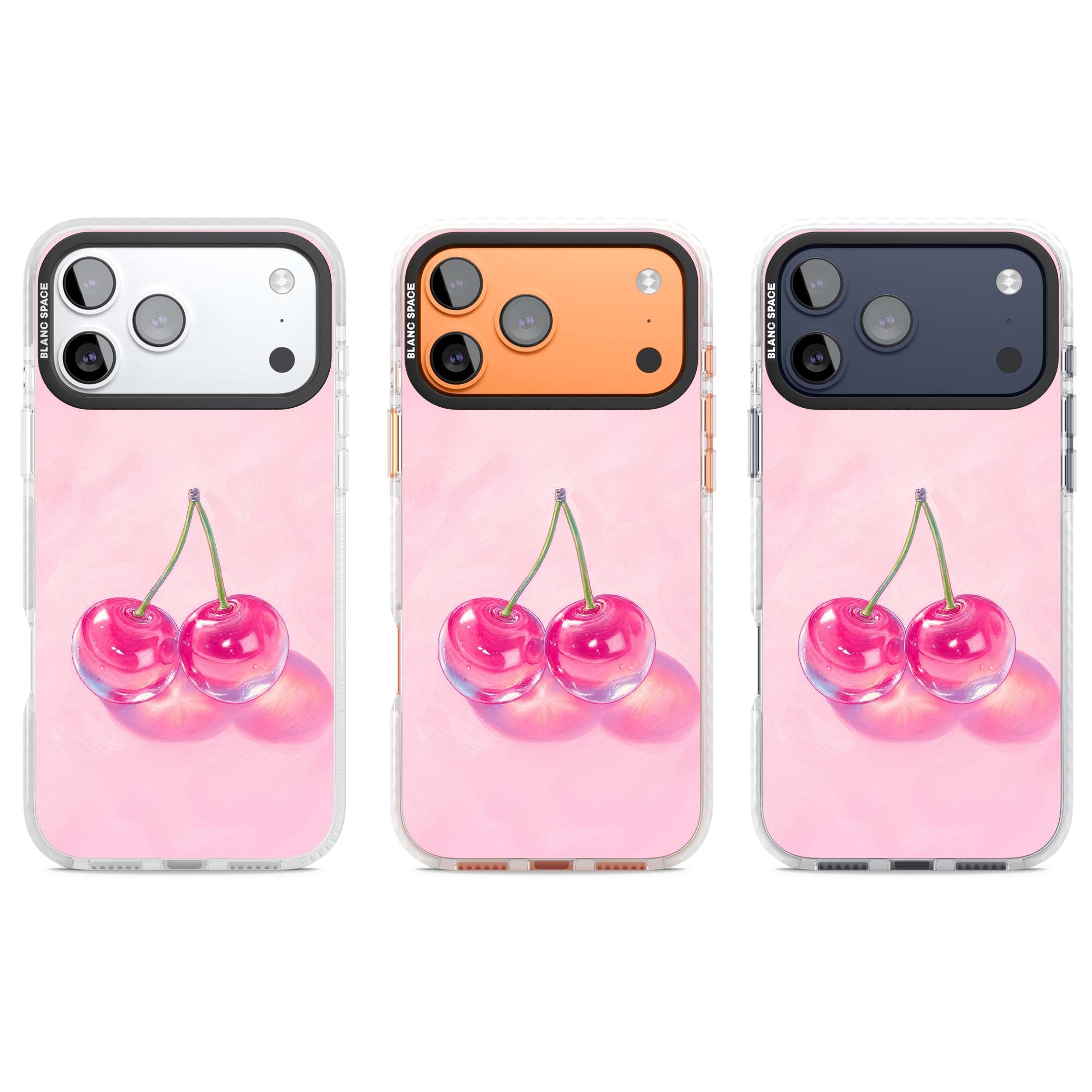 Pink Glass Cherry coquette iPhone case featuring two glossy painted cherries on a soft pink background | Black Impact case for iPhone 17 Pro, iPhone 17 Pro Max