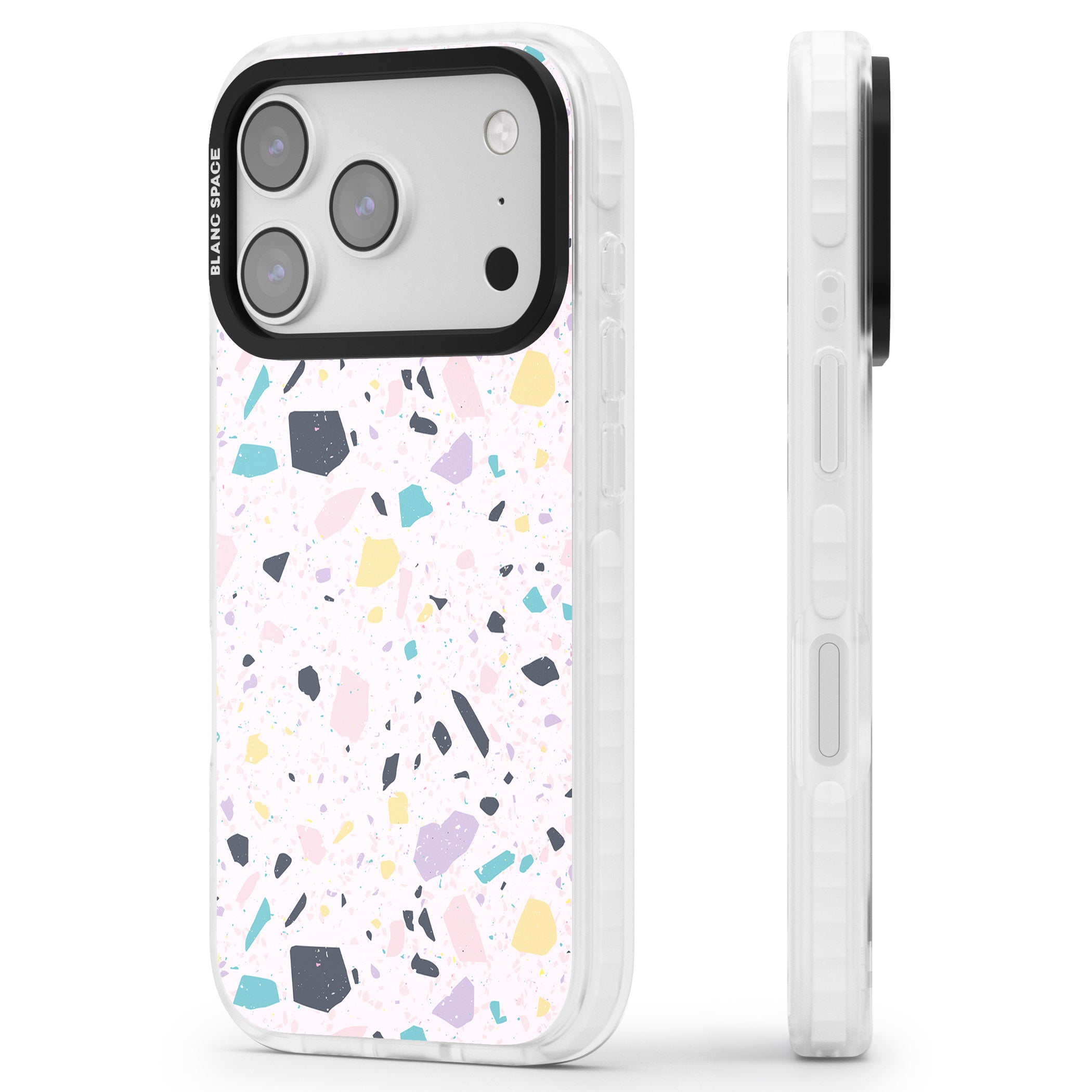 Pink, Purple & Turquoise Terrazzo Pattern iPhone 17 Pro Impact Clear Phone Case Side Profile