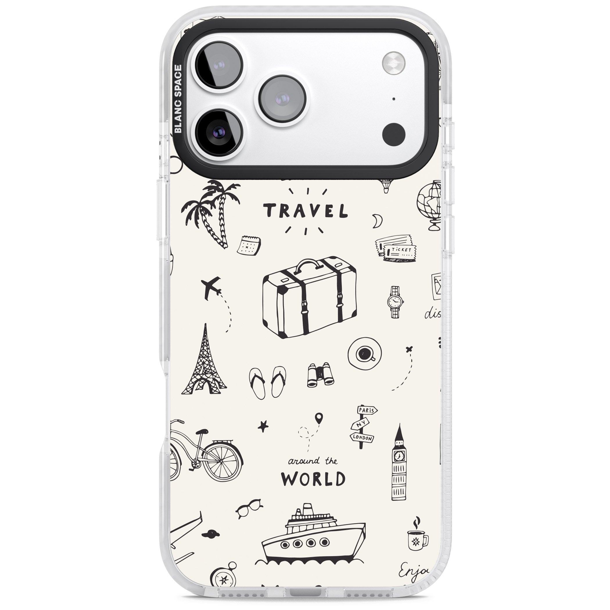 Cute Travel Pattern, White On iPhone 17 Pro Impact Clear Phone Case