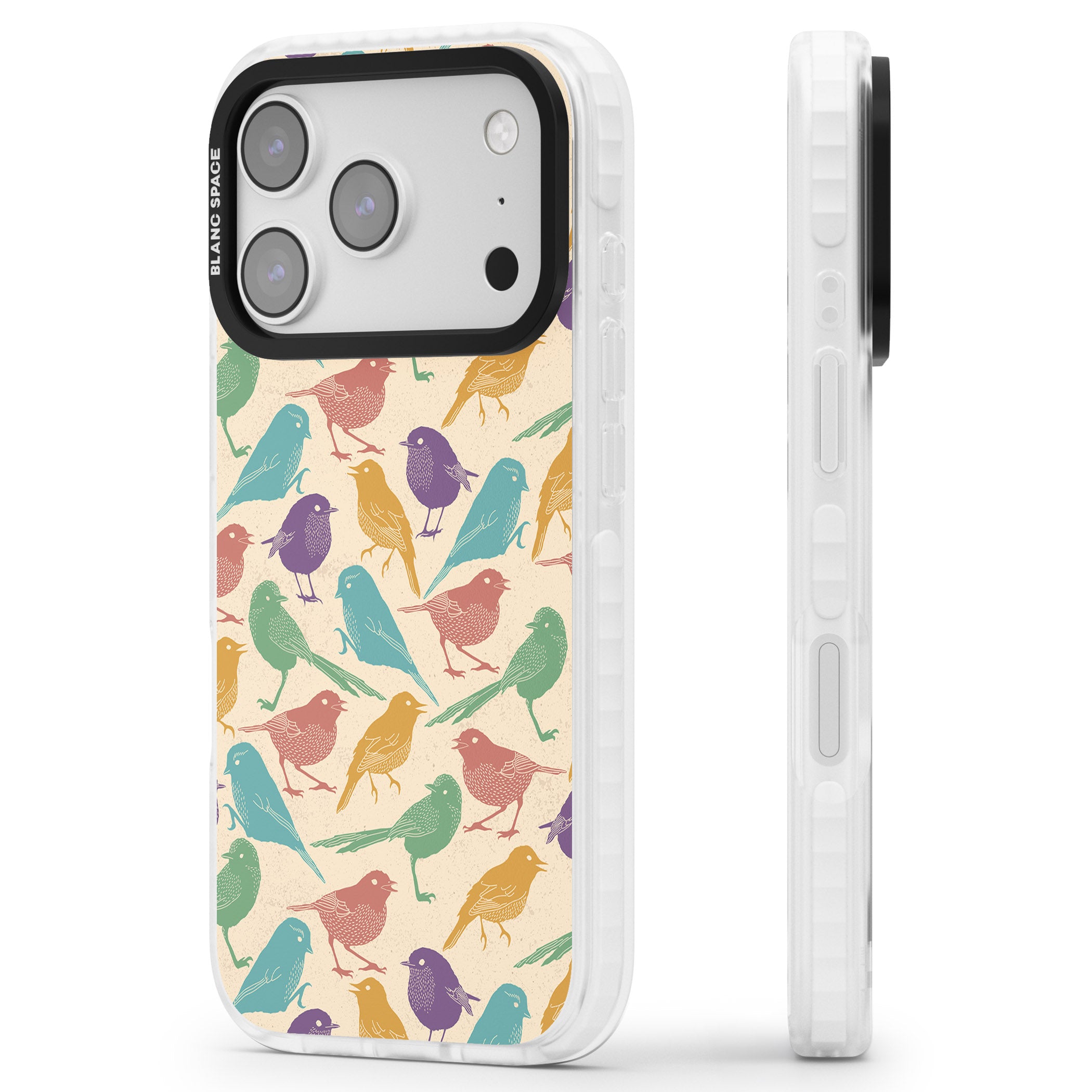 Colorful Feathered Friends iPhone 17 Pro Impact Clear Phone Case Side Profile