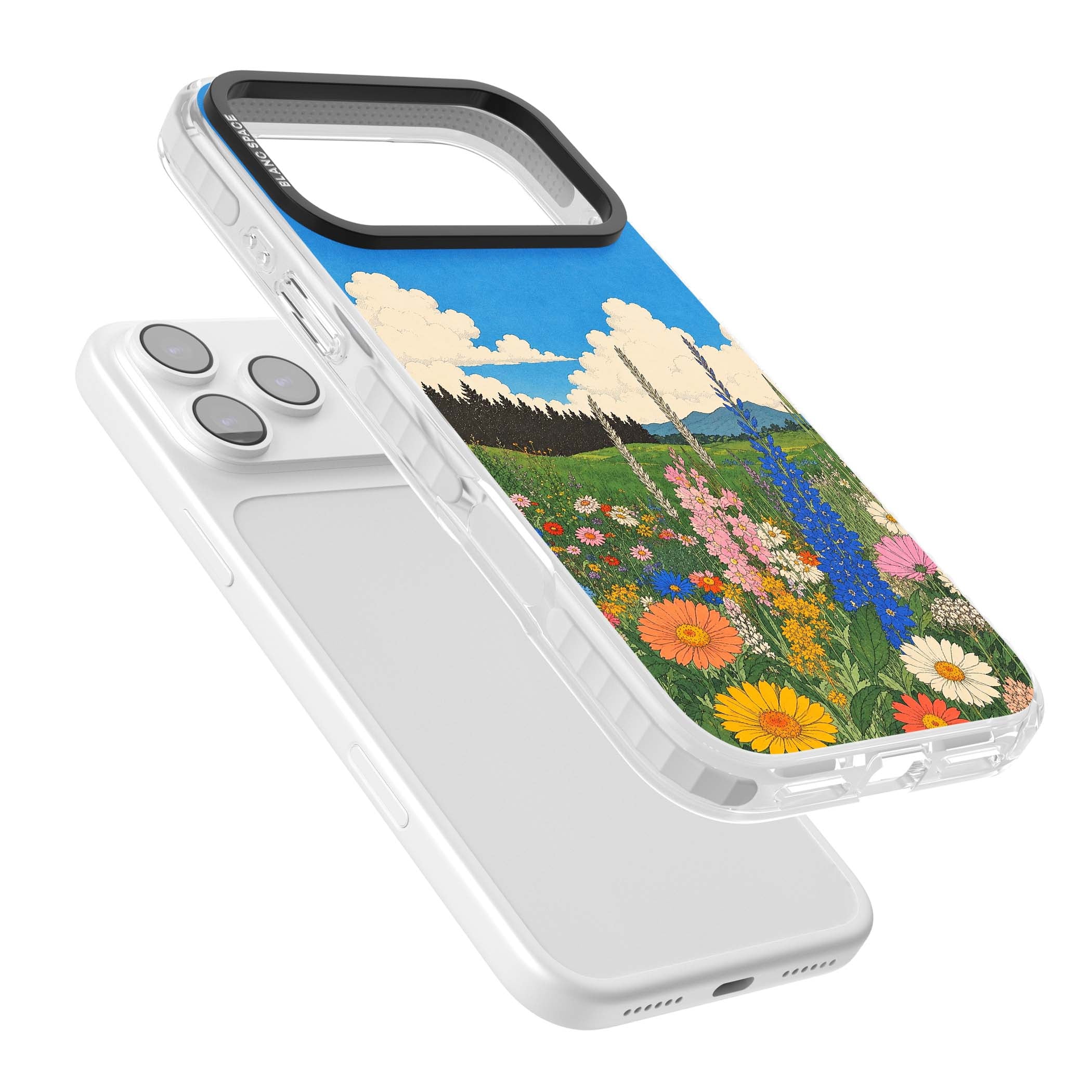 Wildbloom wildflower iPhone case featuring a vintage Japanese-style meadow landscape with daisies, delphiniums and moun | Black Impact case for iPhone 17 Pro, iPhone 17 Pro Max