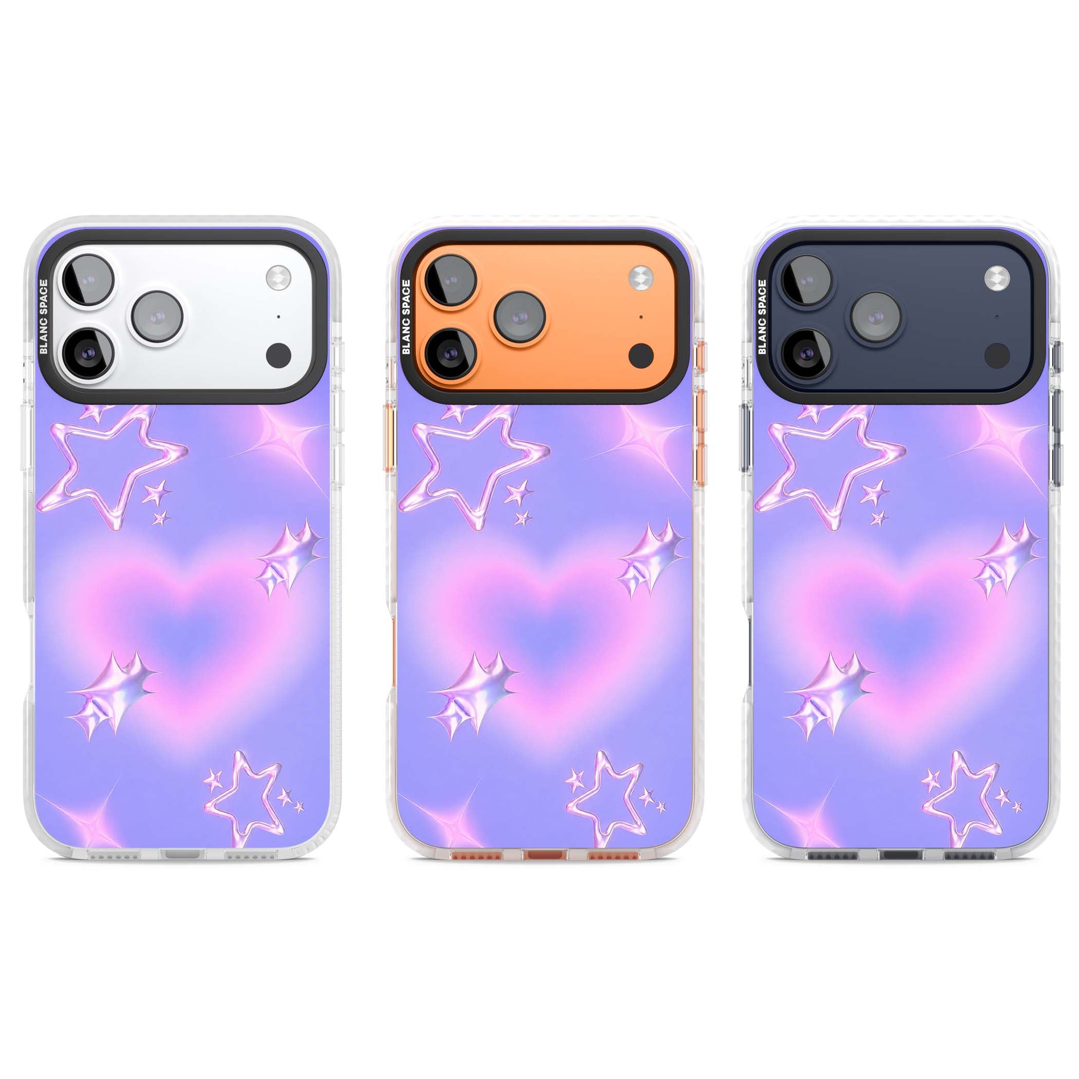 Soft Sugar Y2K iPhone case featuring iridescent chrome hearts, metallic pink stars and a lavender gradient sky | Black Impact case for iPhone 17 Pro, iPhone 17 Pro Max