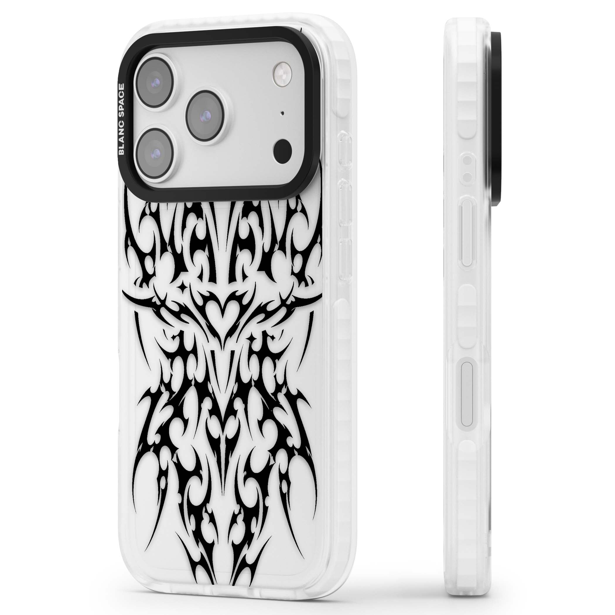 Neo Tribal Heart gothic iPhone case featuring symmetrical black tribal tattoo art with sharp thorn-like linework | Black Impact case for iPhone 17 Pro, iPhone 17 Pro Max