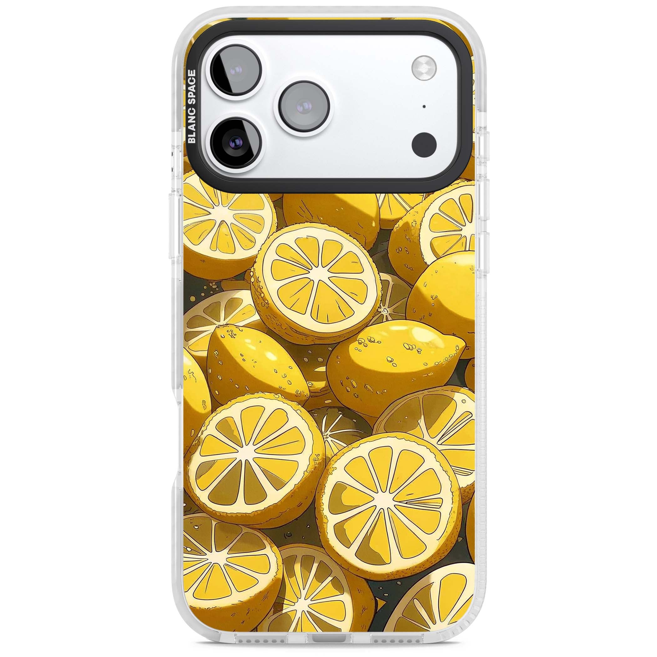 Zesty coastal iPhone case featuring illustrated Mediterranean lemons and citrus slices in golden yellow | Black Impact case for iPhone 17 Pro, iPhone 17 Pro Max