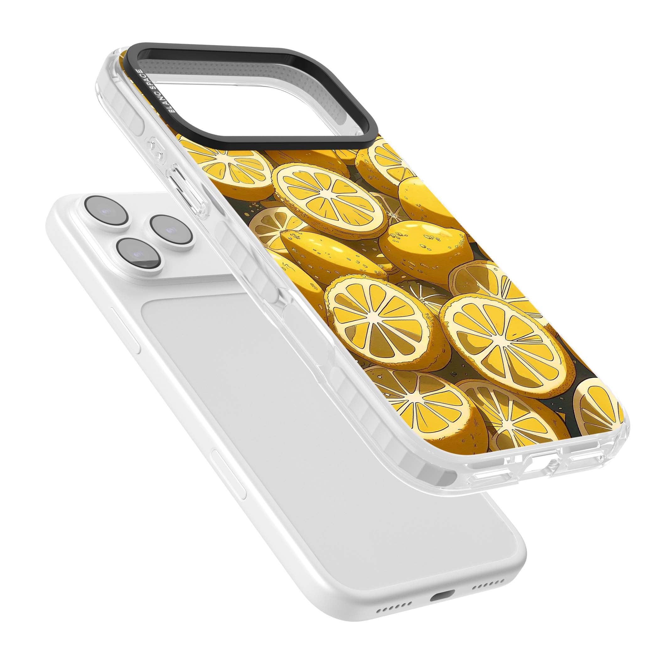 Zesty coastal iPhone case featuring illustrated Mediterranean lemons and citrus slices in golden yellow | Black Impact case for iPhone 17 Pro, iPhone 17 Pro Max