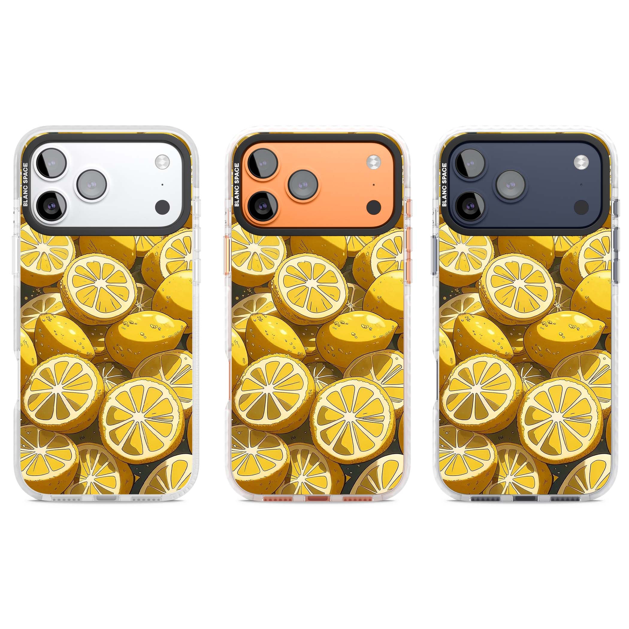 Zesty coastal iPhone case featuring illustrated Mediterranean lemons and citrus slices in golden yellow | Black Impact case for iPhone 17 Pro, iPhone 17 Pro Max