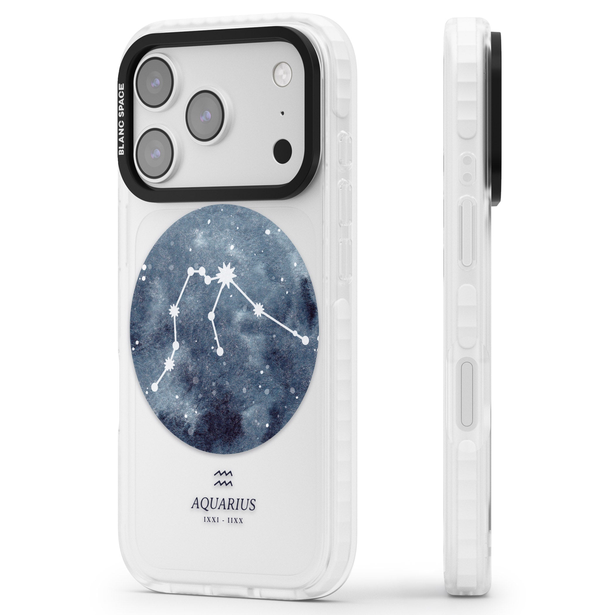 Aquarius Zodiac Blue iPhone 17 Pro Impact Clear Phone Case Side Profile