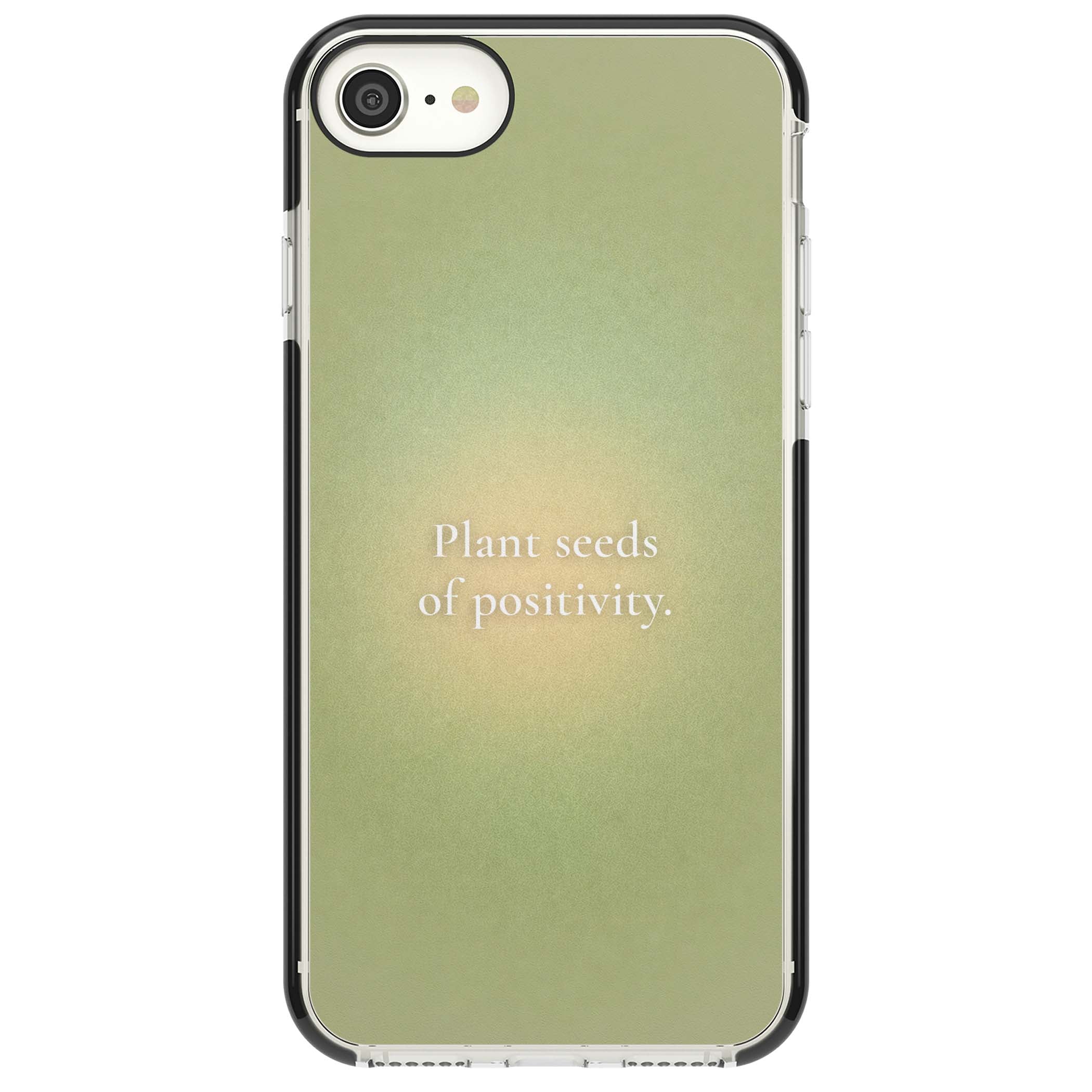 Seeds of Positivity quote iPhone case featuring a sage green aura gradient and golden glow affirmation | Black Impact case for iPhone SE