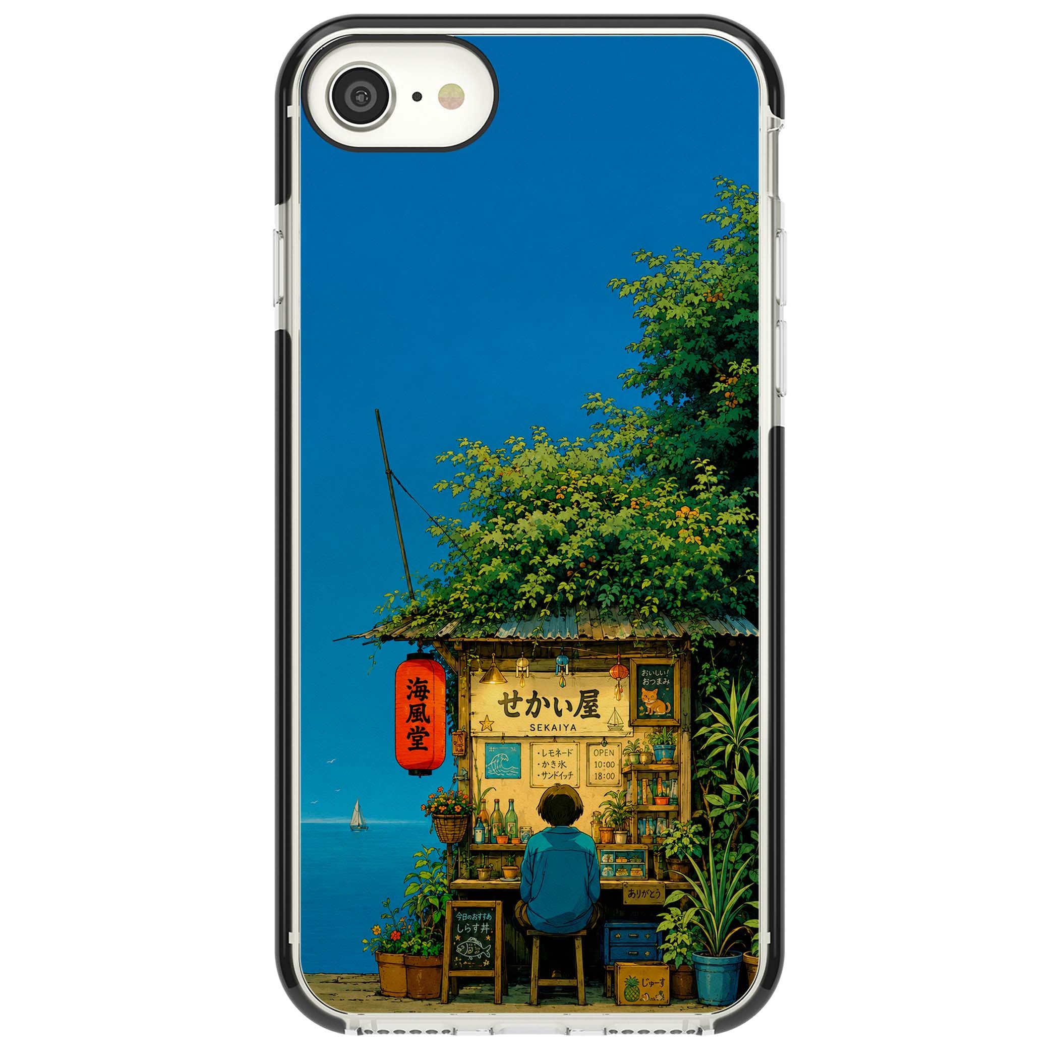The Shirahama Kiosk anime iPhone case featuring a Japanese seaside shop, red paper lantern and ocean view | Black Impact case for iPhone SE
