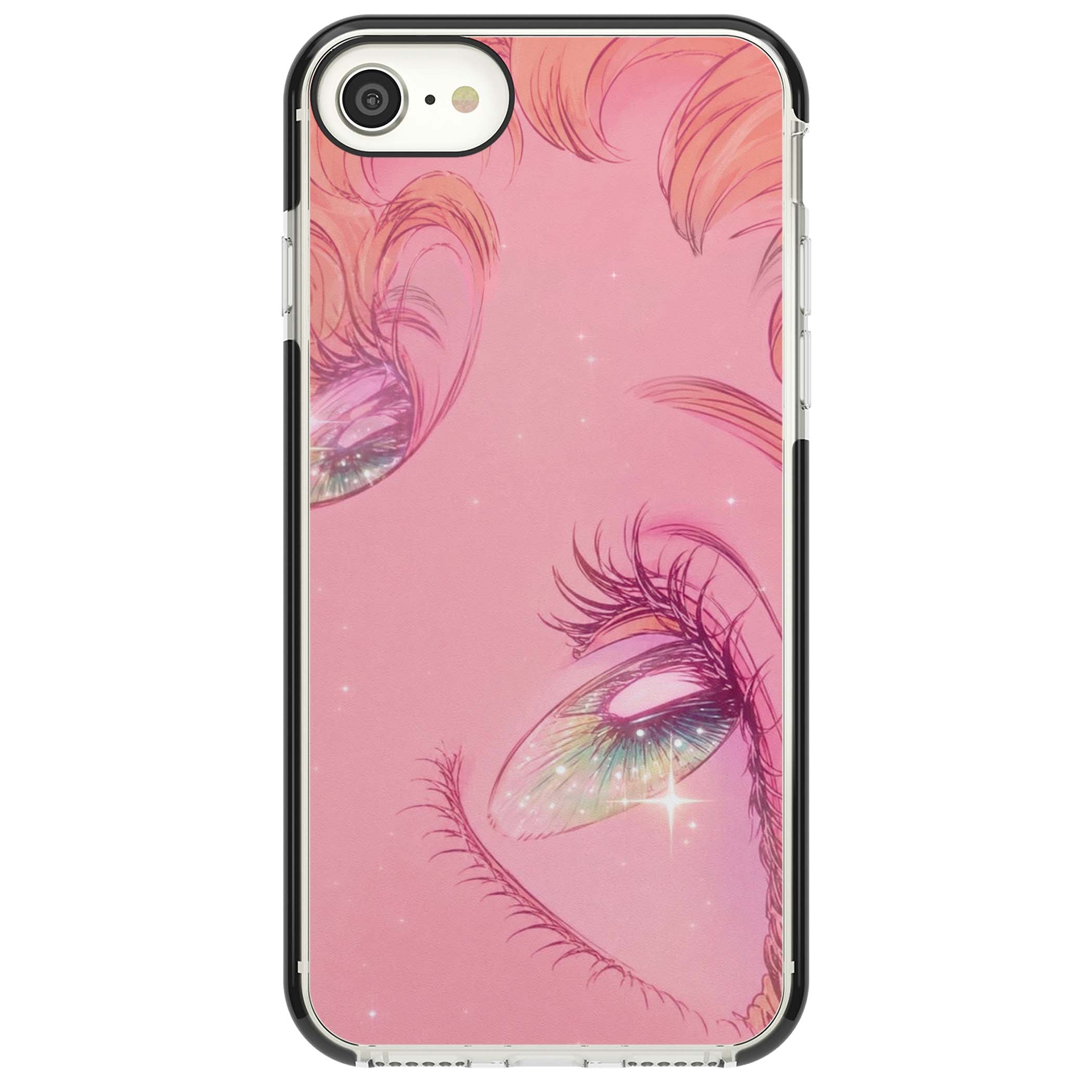 Pink Ethereal Gaze anime iPhone case featuring sparkling manga eyes, coral lashes and dreamy peach sky | Black Impact case for iPhone SE