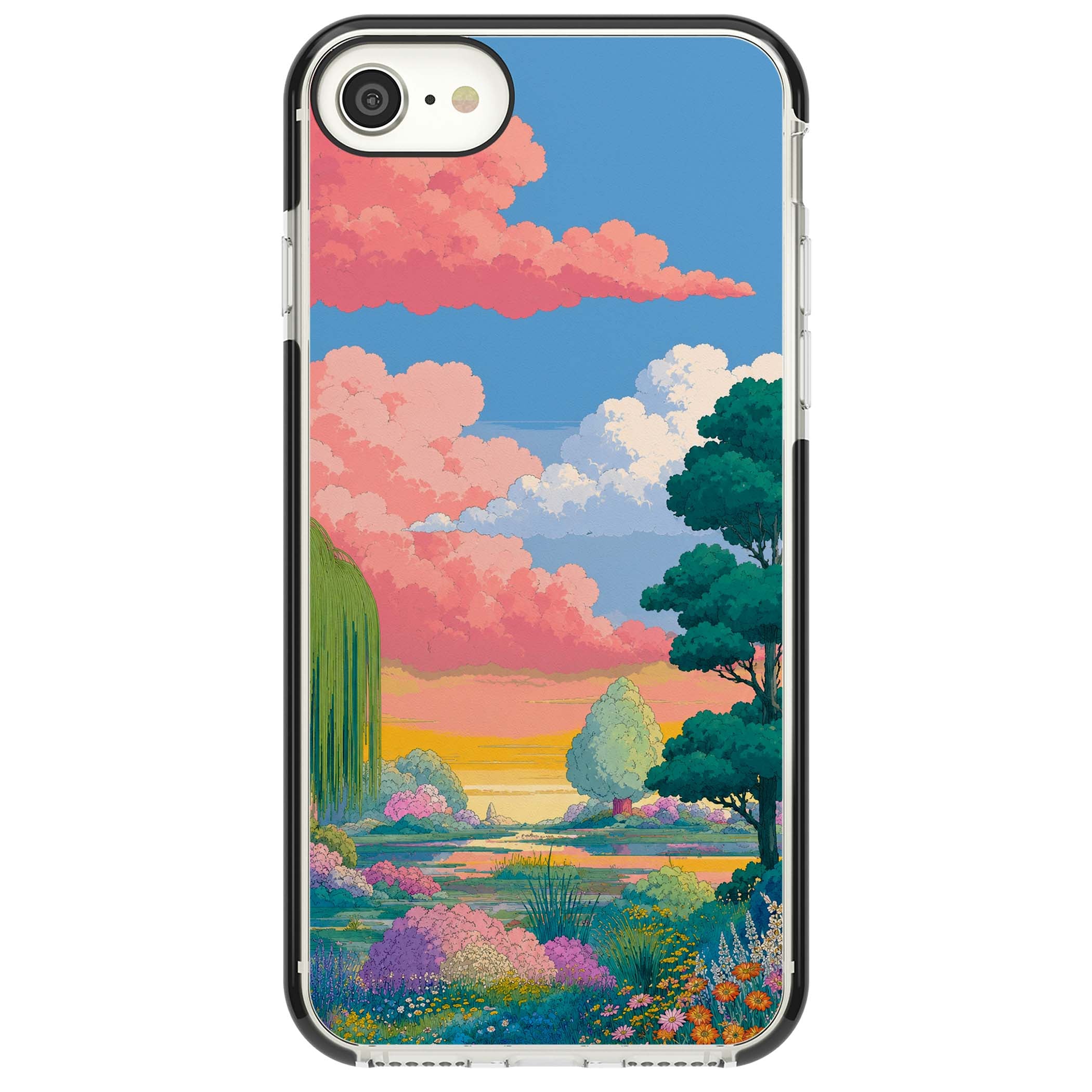 Dream Valley anime landscape iPhone case featuring pink sunset clouds, willow trees and wildflowers | Black Impact case for iPhone SE