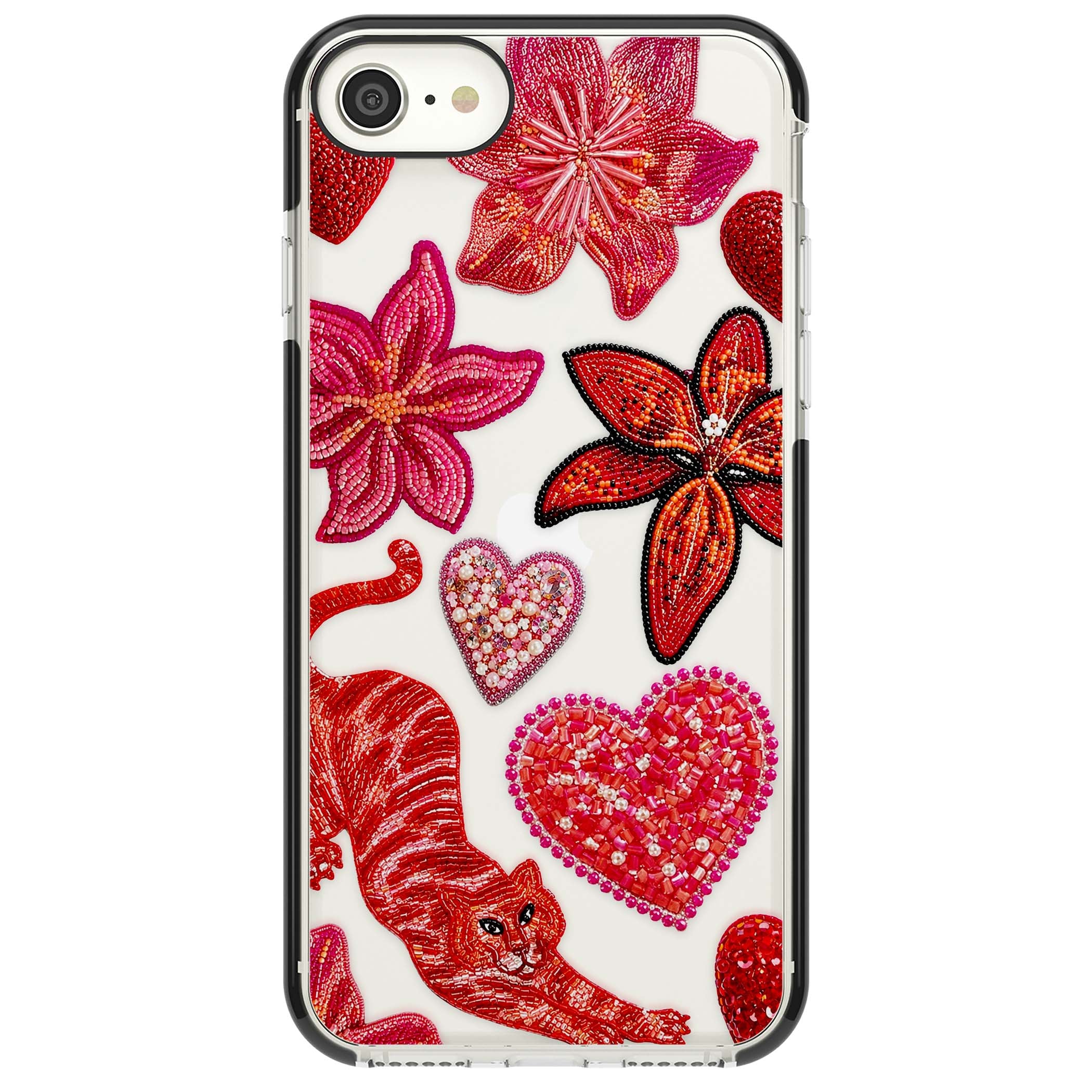 Beaded Boho floral iPhone case featuring beaded red lilies, a stitched tiger, and pearl-encrusted hearts on clear | Black Impact case for iPhone SE