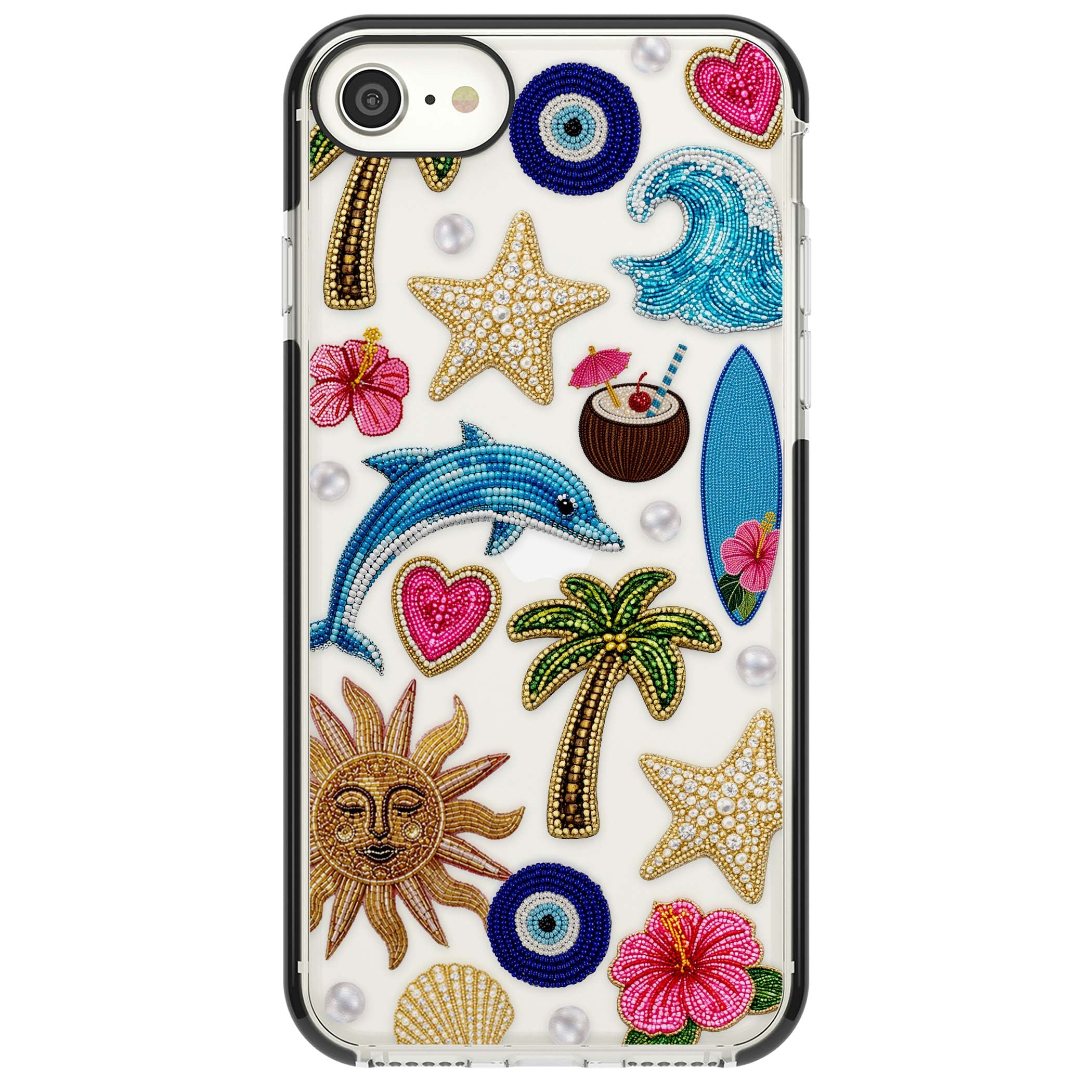 Beaded Beach coastal summer iPhone case featuring embroidered evil eye, hibiscus flowers, dolphin and palm tree patches | Black Impact case for iPhone SE