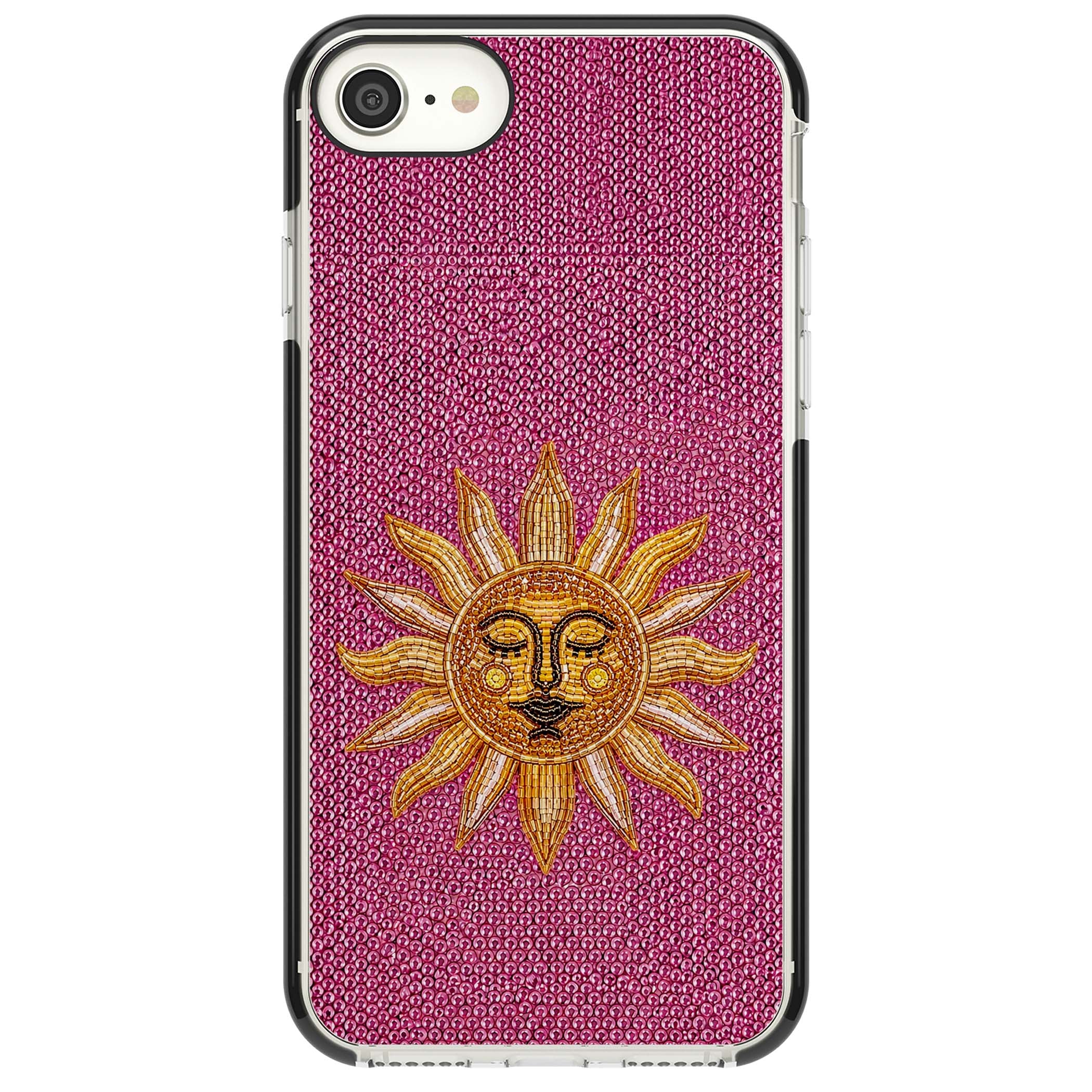 Beaded Sun celestial iPhone case featuring a golden beaded sun face with radiant rays on hot pink beaded background | Black Impact case for iPhone SE