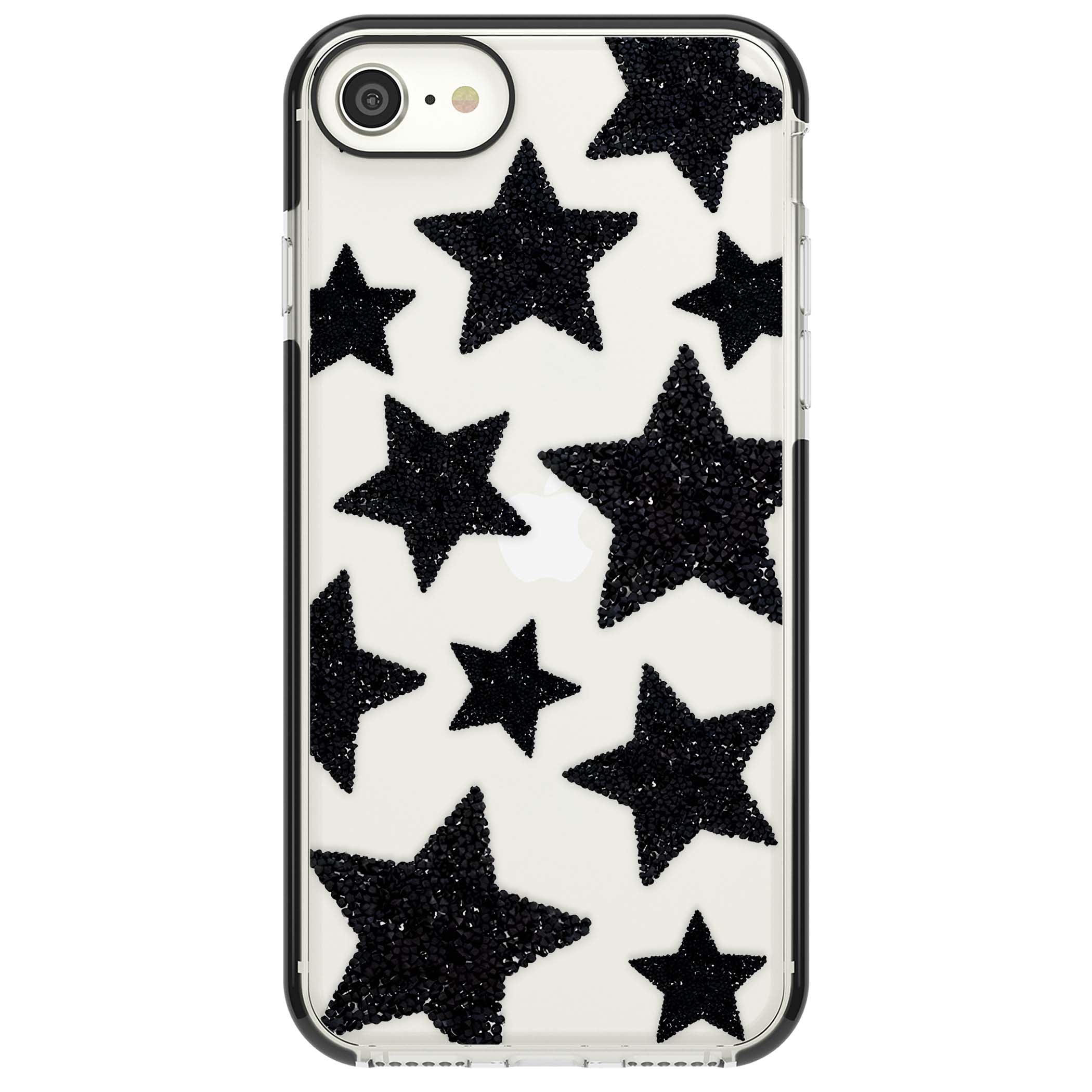 Beaded Black Stars celestial iPhone case featuring black glitter beaded stars scattered on a clear background | Black Impact case for iPhone SE