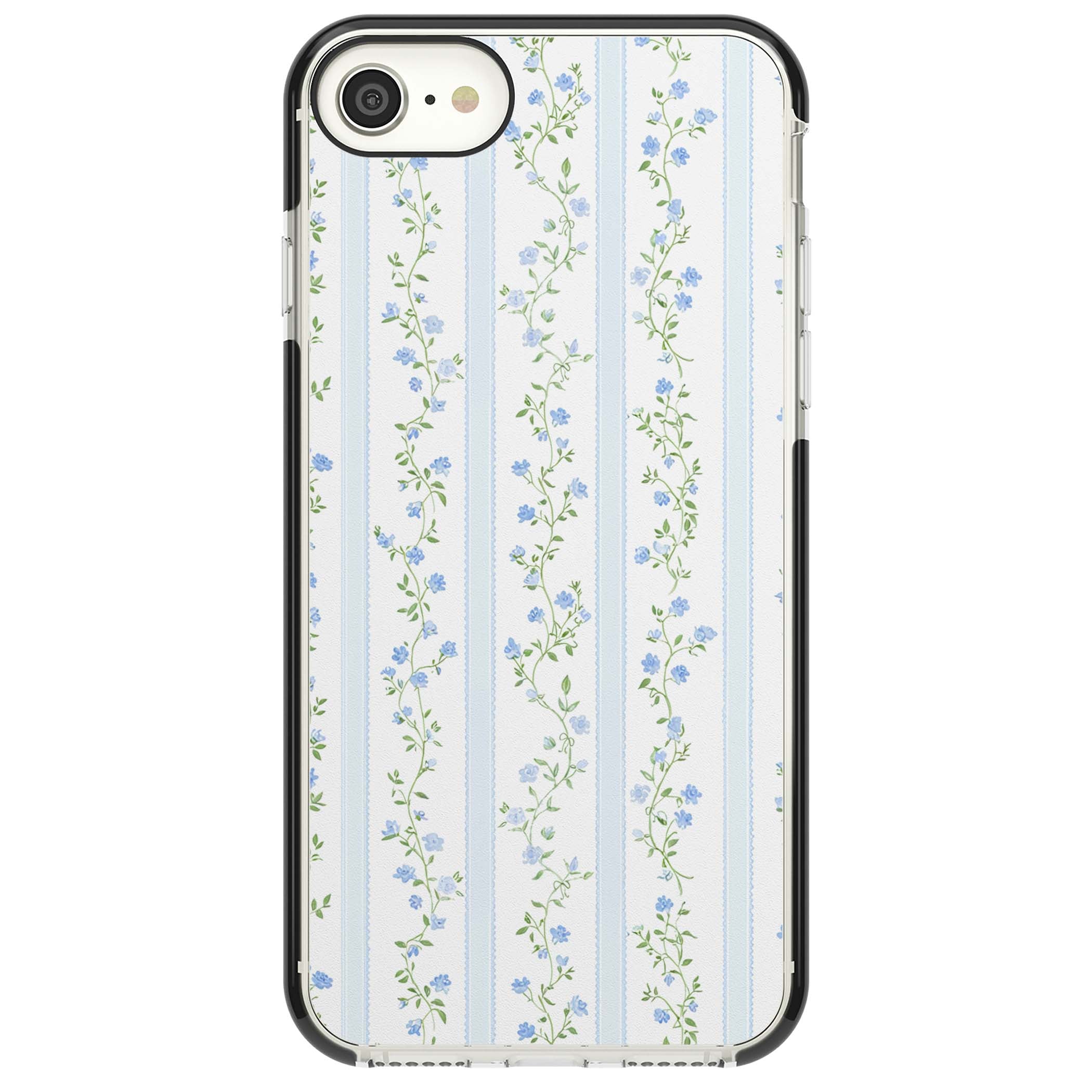 Bluebell Vine cottagecore iPhone case featuring climbing blue roses, trailing green vines, and pale ticking stripes | Black Impact case for iPhone SE