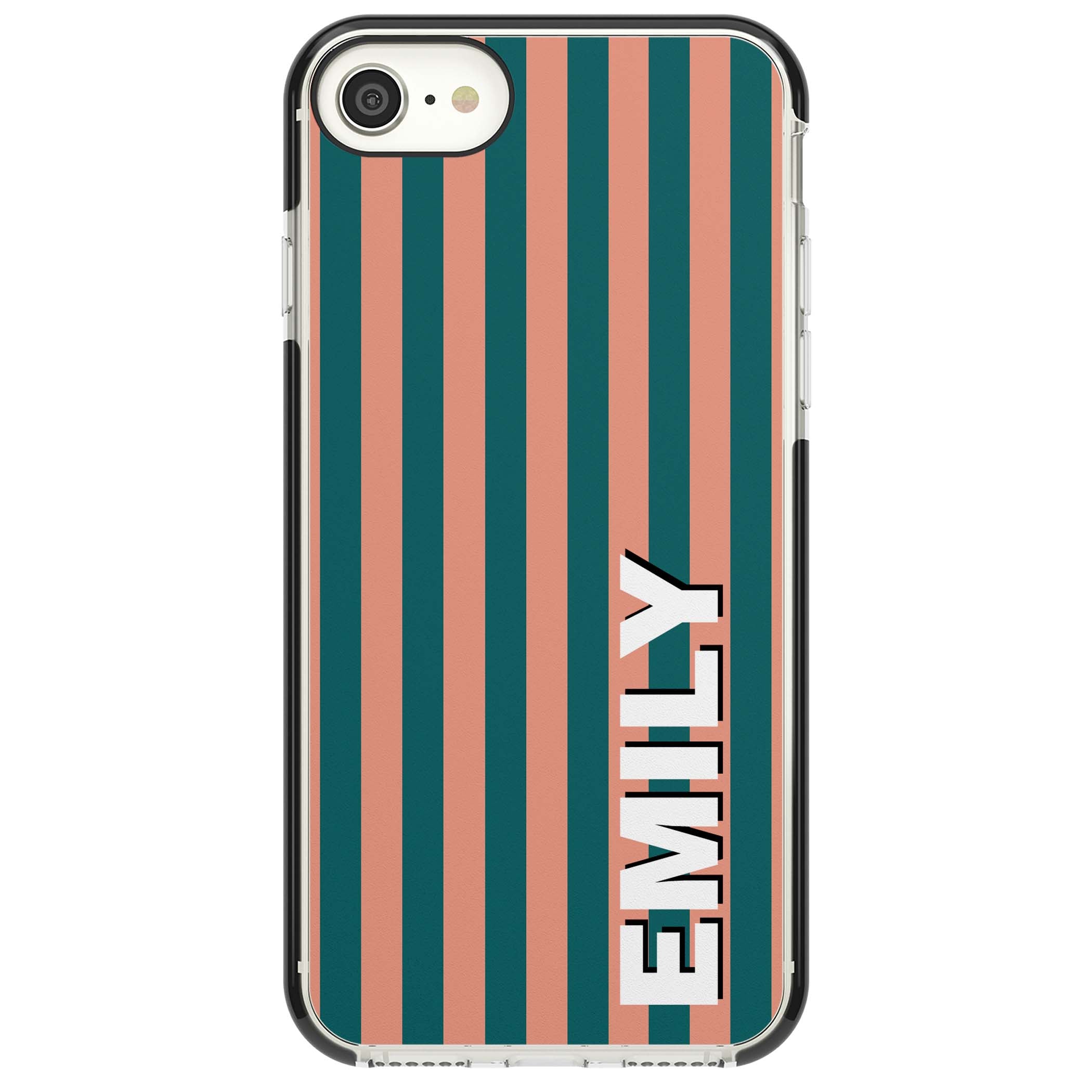 Tuscan Stripe personalised iPhone case featuring coral and green vertical stripes with bold custom name | Black Impact case for iPhone SE