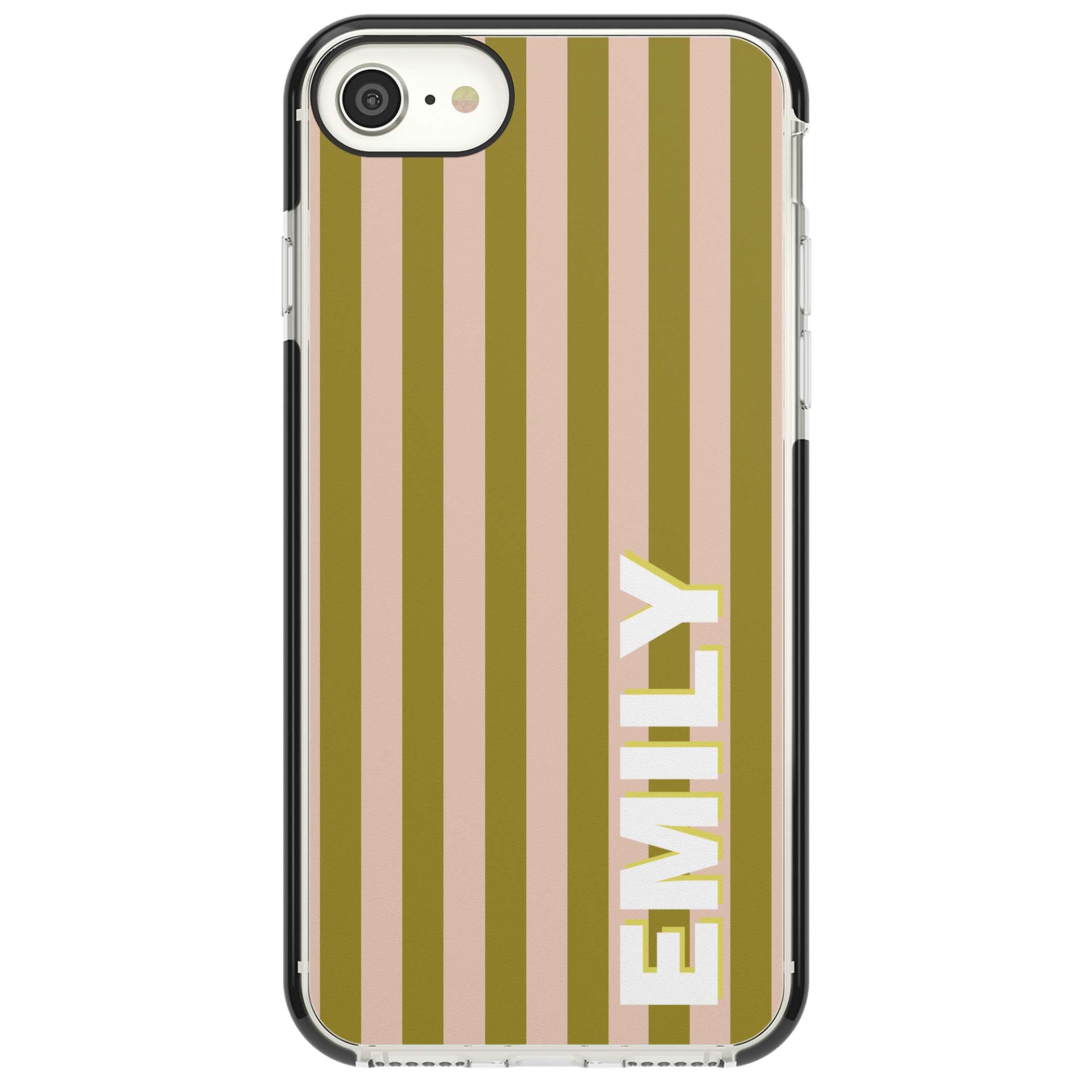 Indian Stripe personalised iPhone case featuring olive green and blush pink vertical stripes with custom name in whit | Black Impact case for iPhone SE