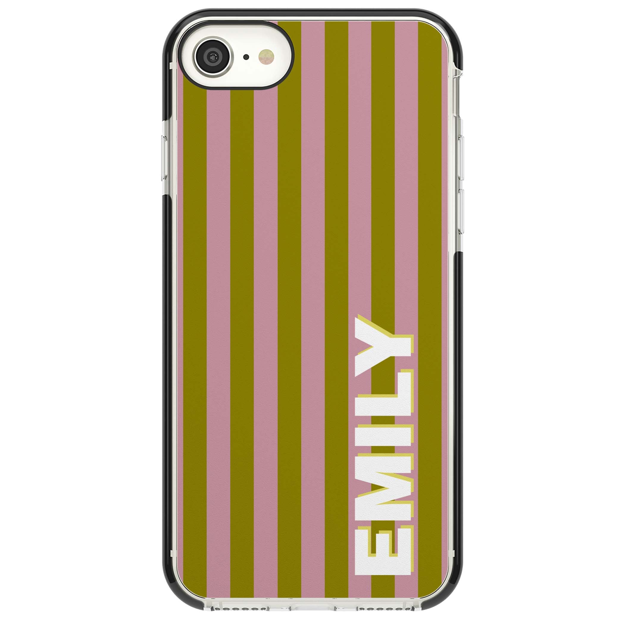 Istanbul Stripe personalised iPhone case featuring pink and olive green vertical stripes with a custom vertical name | Black Impact case for iPhone SE